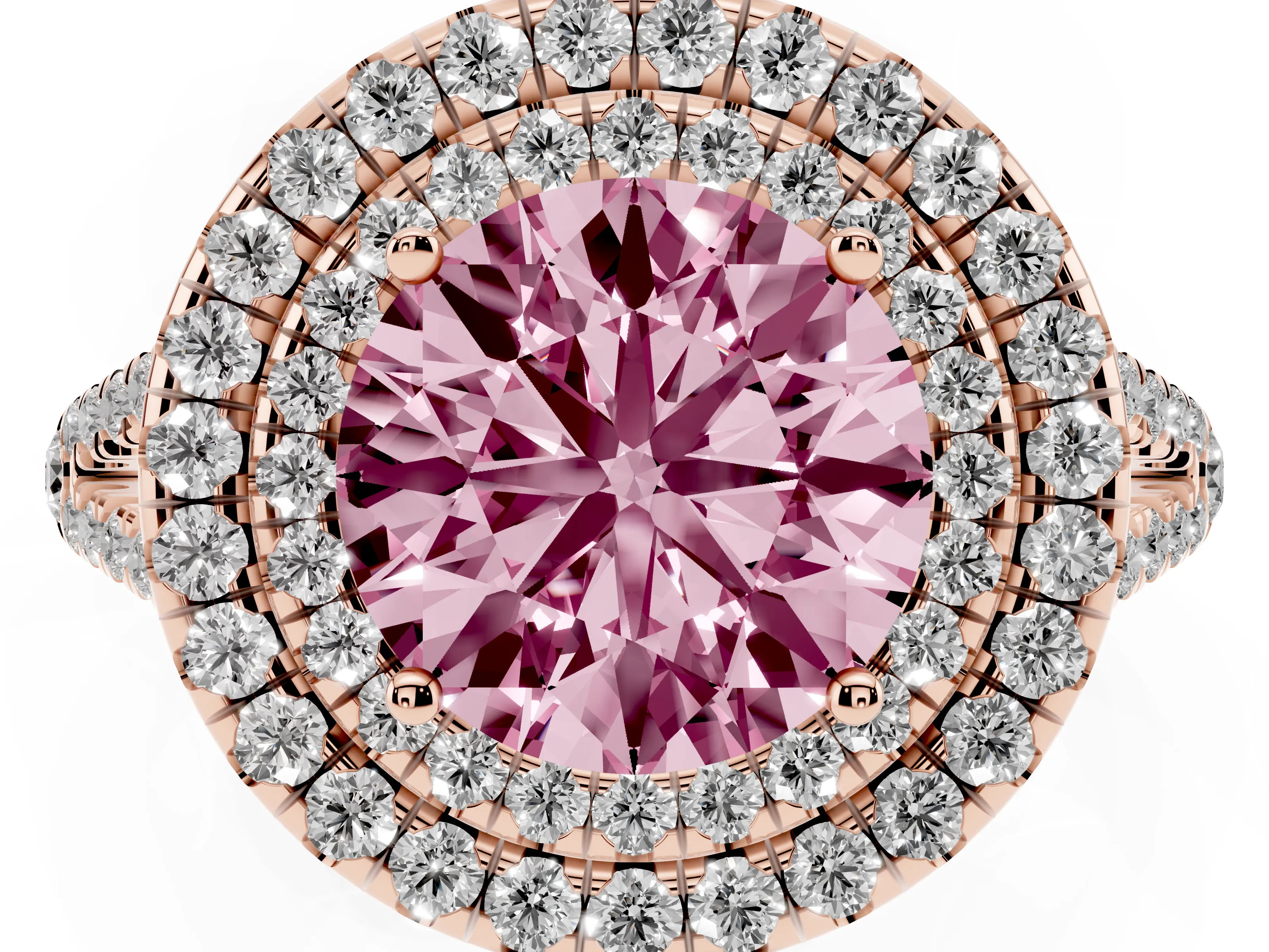 Fancy Pink Round Cut Diamond Double Halo Ring Set in Rose gold with Pavé Band