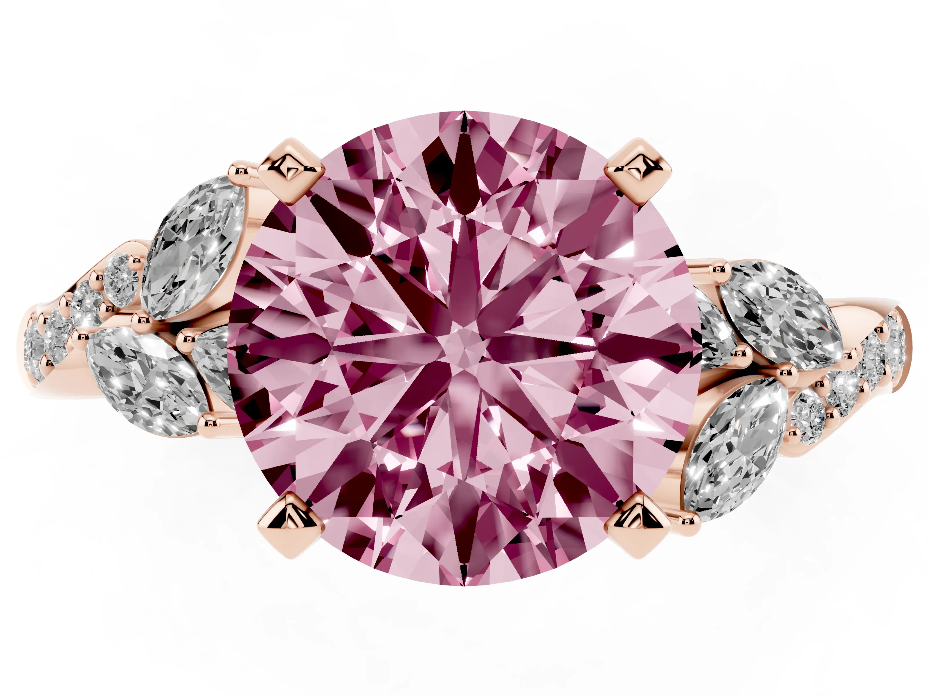 Fancy Pink Round Cut Diamond Solitaire Ring Set in Rose gold with Marquise Twist Band and Prong Setting