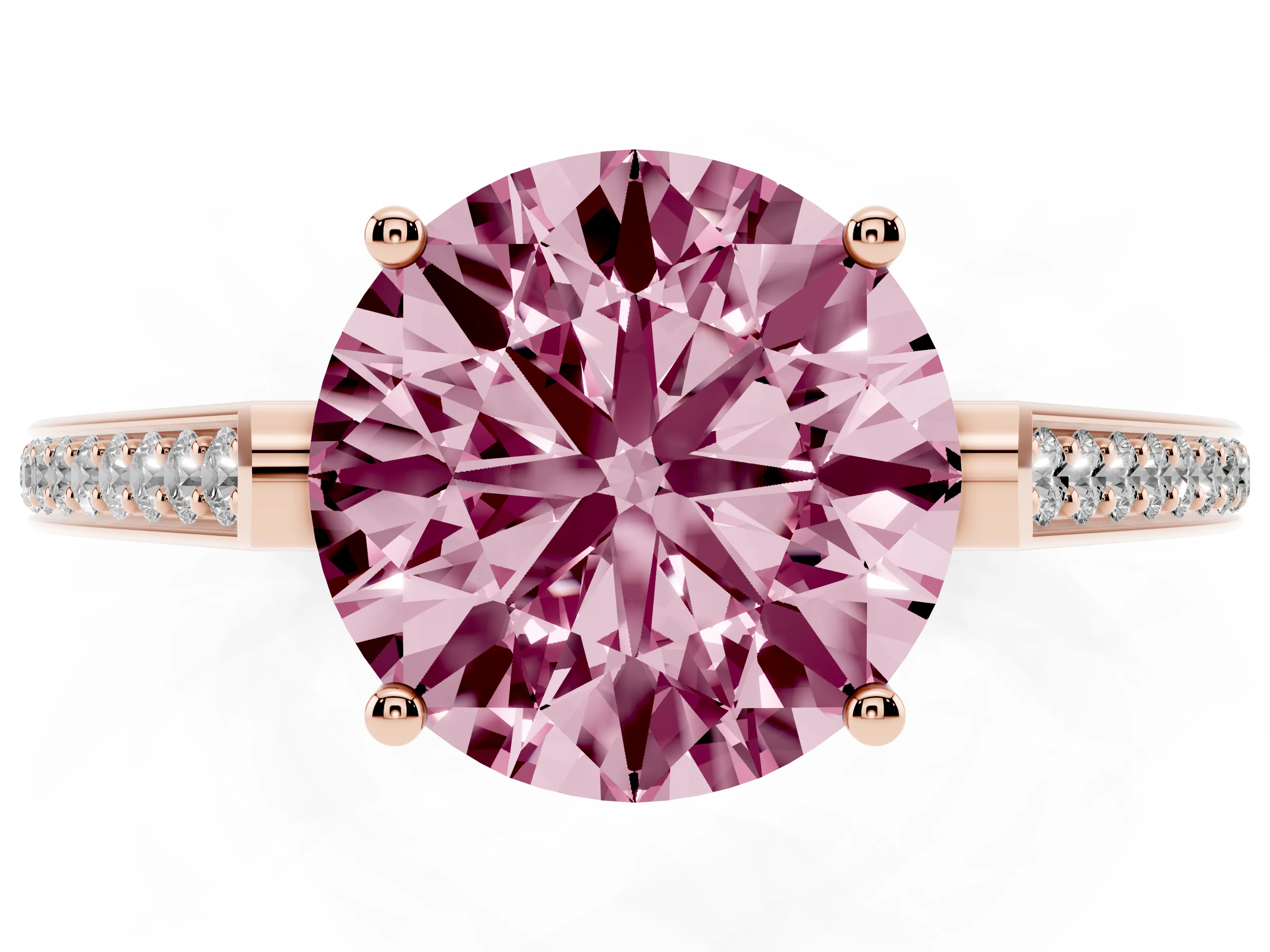 Fancy Pink Round Cut Diamond Cathedral Pavé Engagement Ring Set in Rose gold with Prong Setting