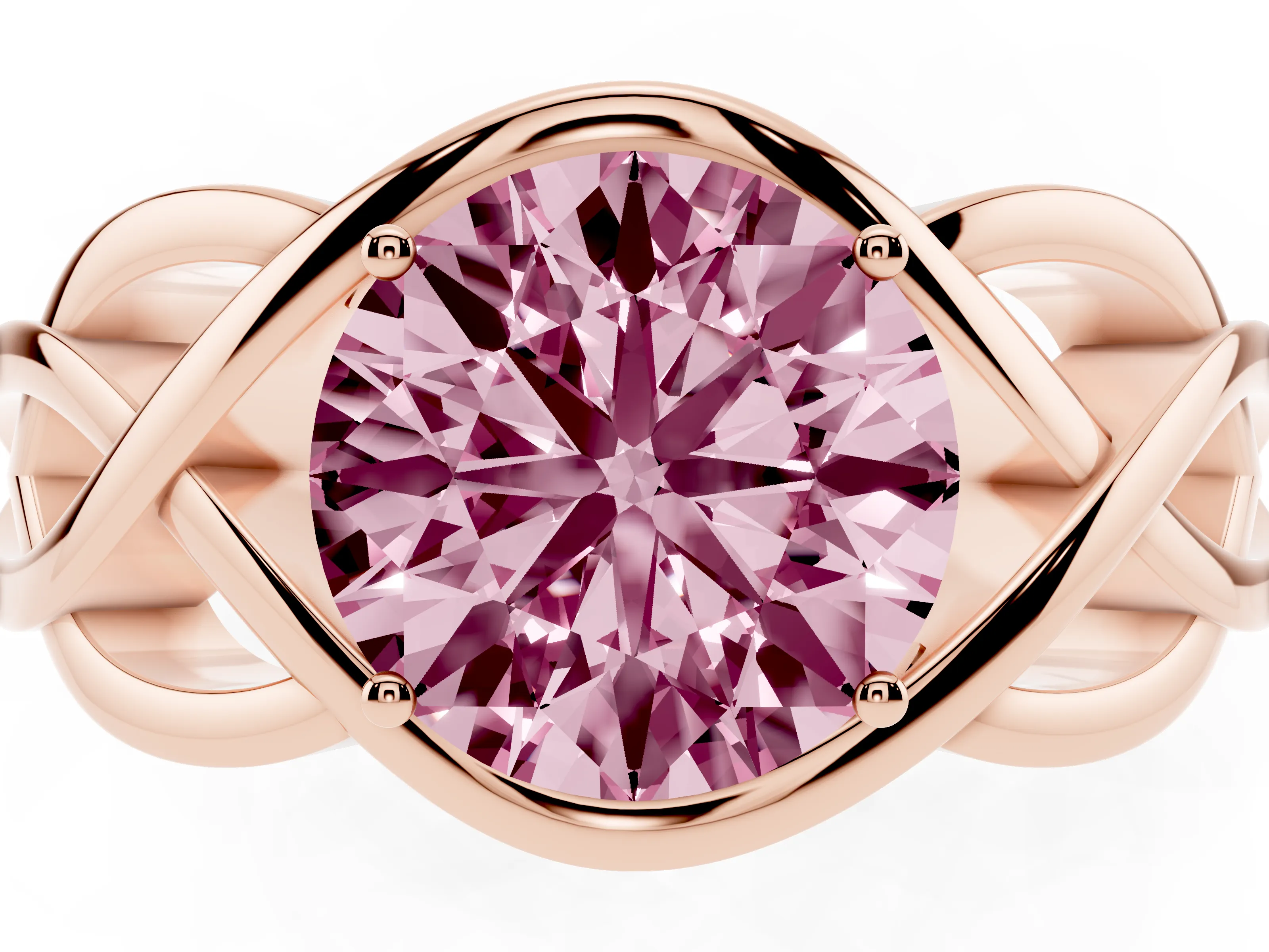 Fancy Pink Round Cut Diamond Solitaire Ring Set in Rose gold with Intertwined Band