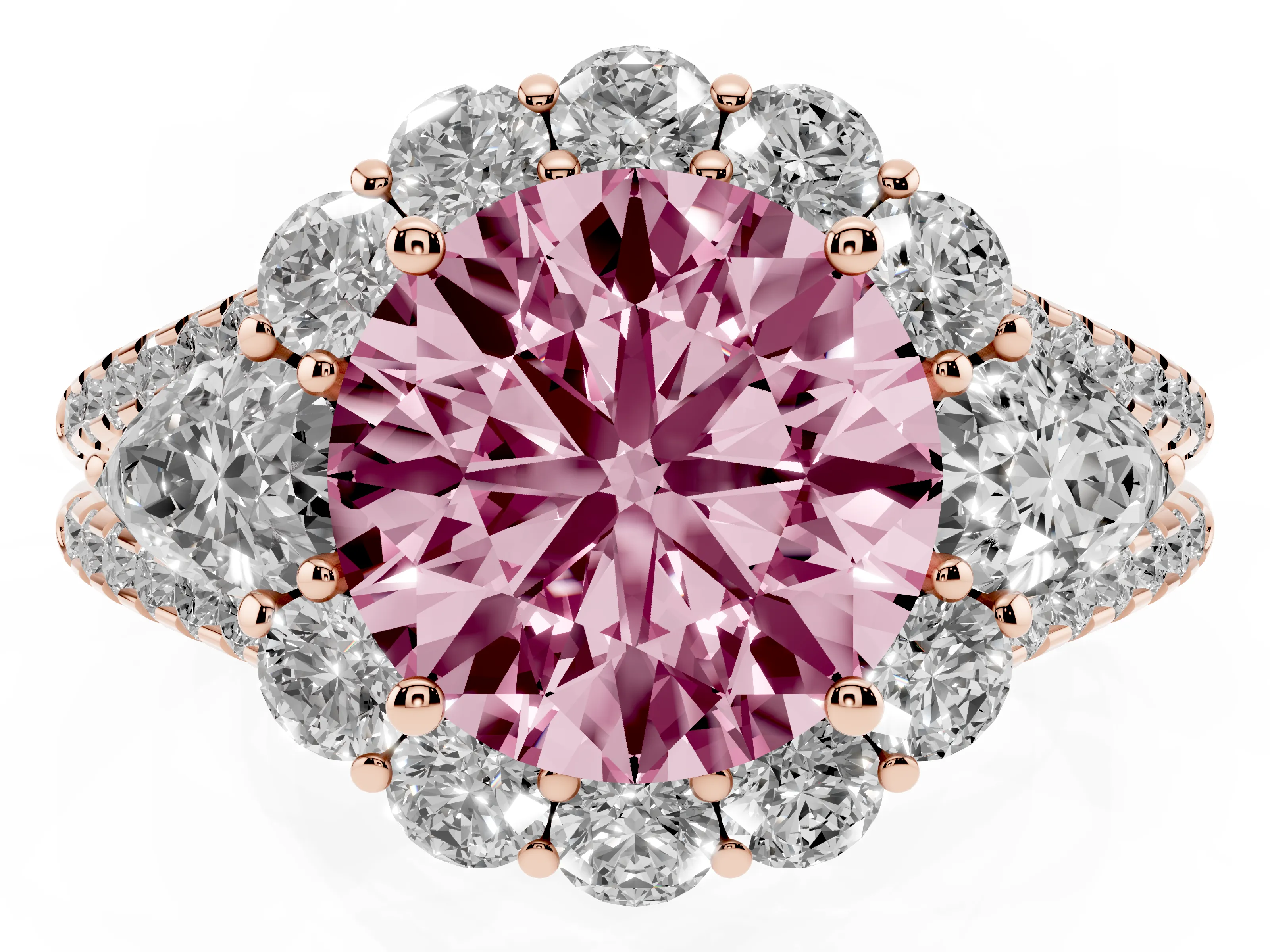 Fancy Pink Round Cut Diamond Halo Split Shank Engagement Ring Set in Rose gold with Prong-Held Center Stone