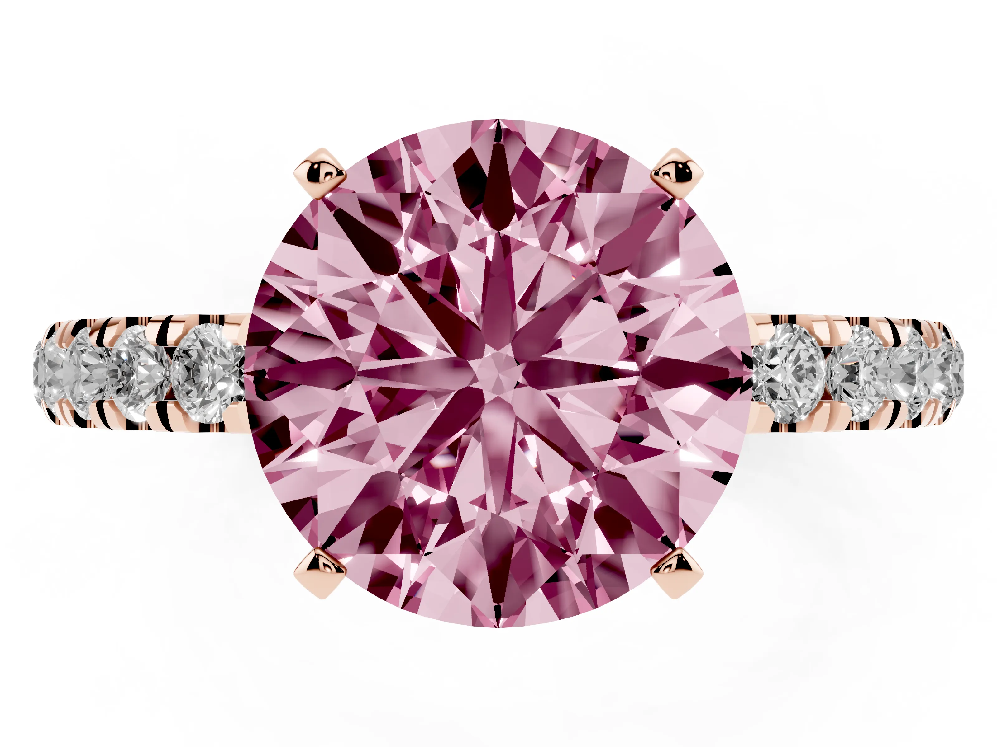 Fancy Pink Round Cut Diamond Solitaire Ring Set in Rose gold with Pavé Accents and Prong Setting