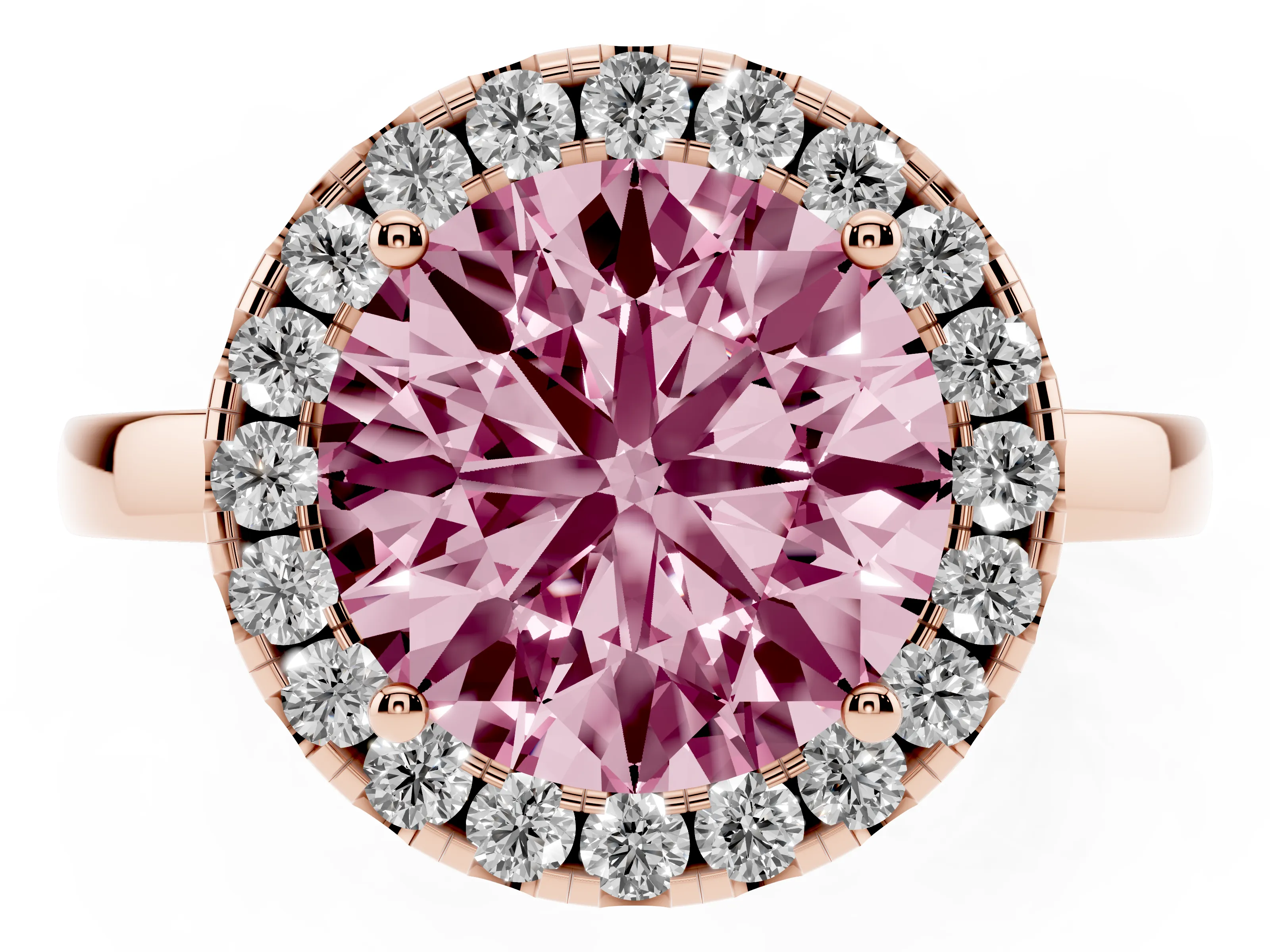 Fancy Pink Round Cut Diamond Halo Solitaire Ring Set in Rose gold with Pavé Band and Prong Setting