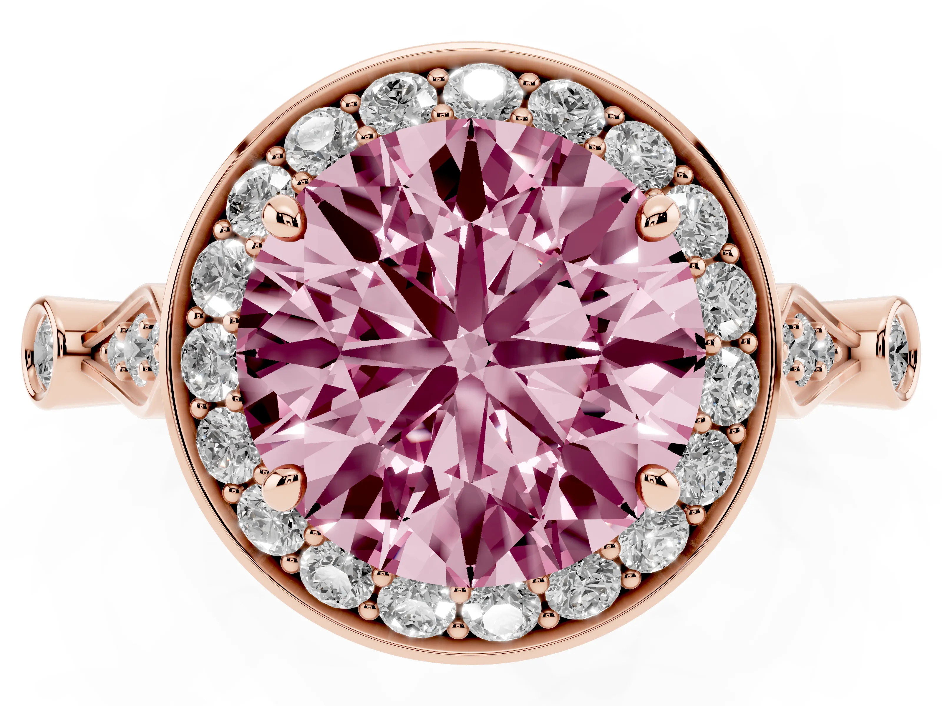 Fancy Pink Round Cut Diamond Halo Engagement Ring Set in Rose gold with Twisted Band and Prong Setting