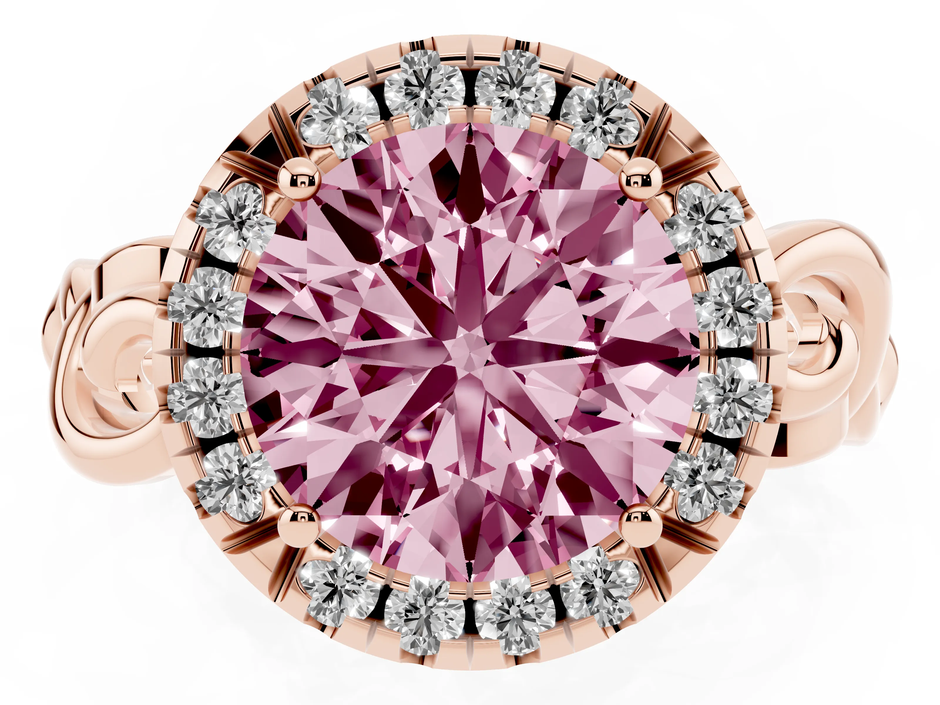 Fancy Pink Round Cut Diamond Halo Ring Set in Rose gold with Scrollwork Band and Prong Setting