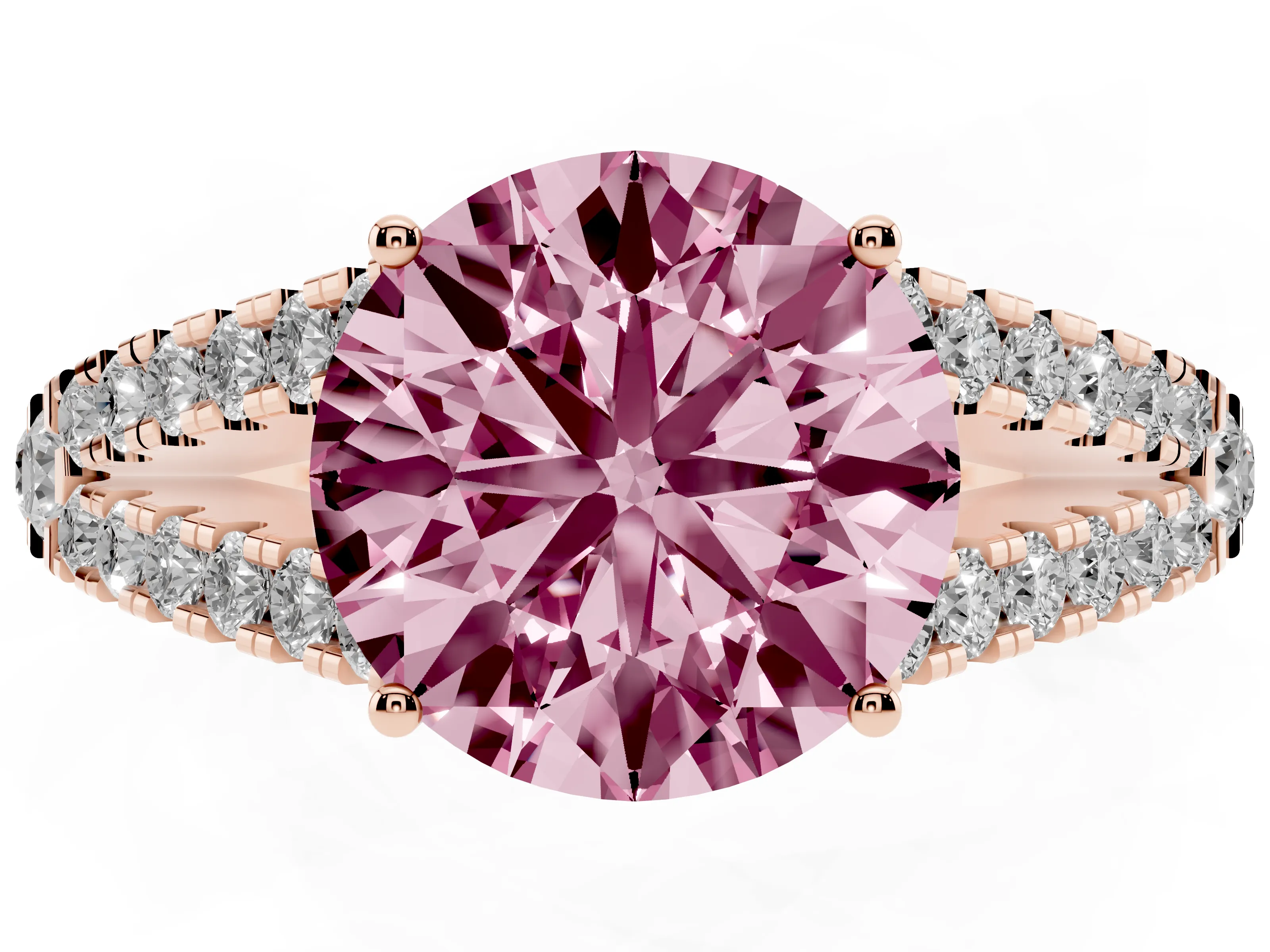 Fancy Pink Round Cut Diamond Split Shank Pavé Engagement Ring Set in Rose gold with Prong-Held Center Stone