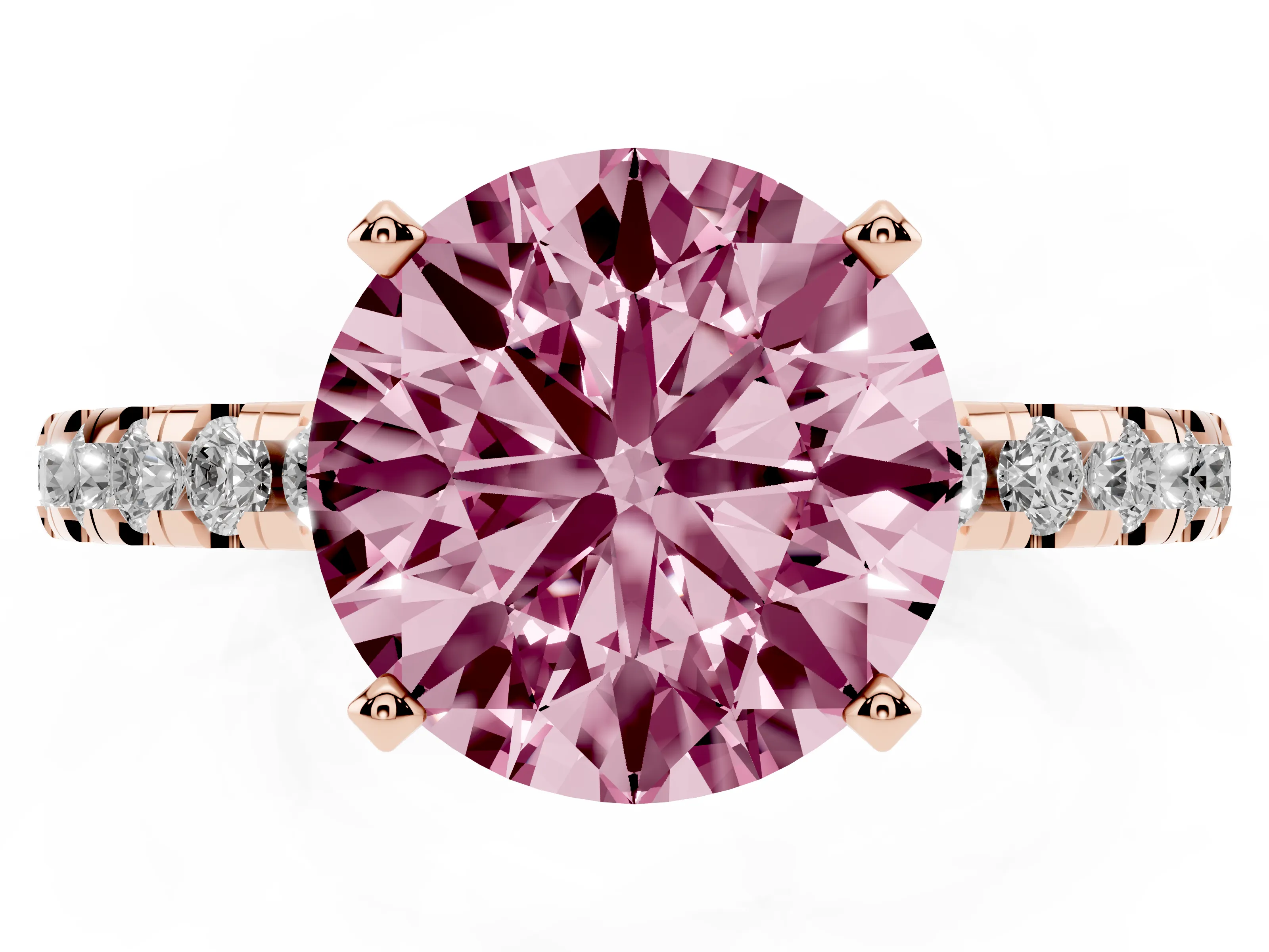 Fancy Pink Round Cut Diamond Pavé Solitaire Ring Set in Rose gold with Round Band Accents and Prong Setting