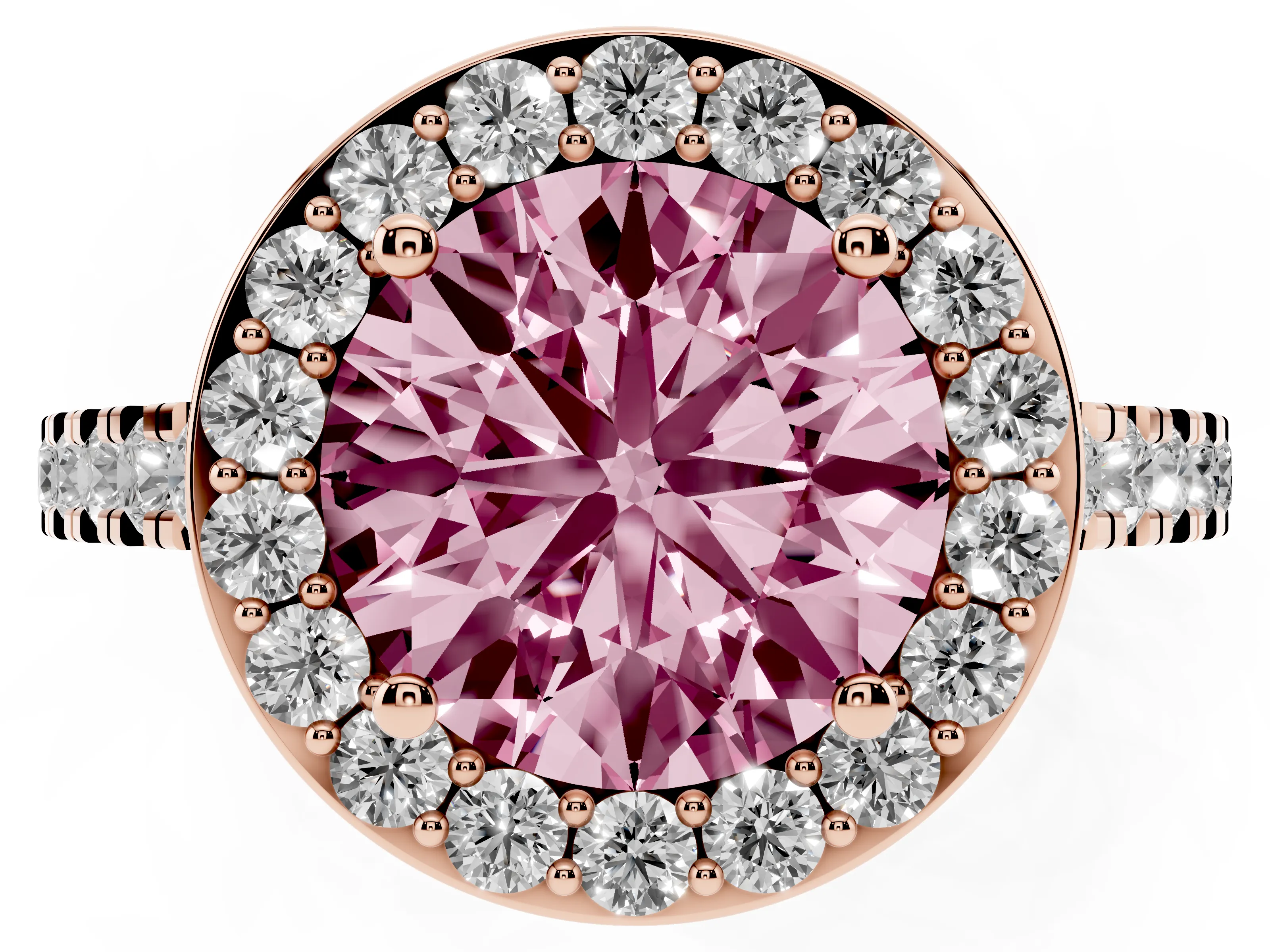 Fancy Pink Round Cut Diamond Halo Ring Set in Rose gold with Round Pavé Split Shank and Prong Setting