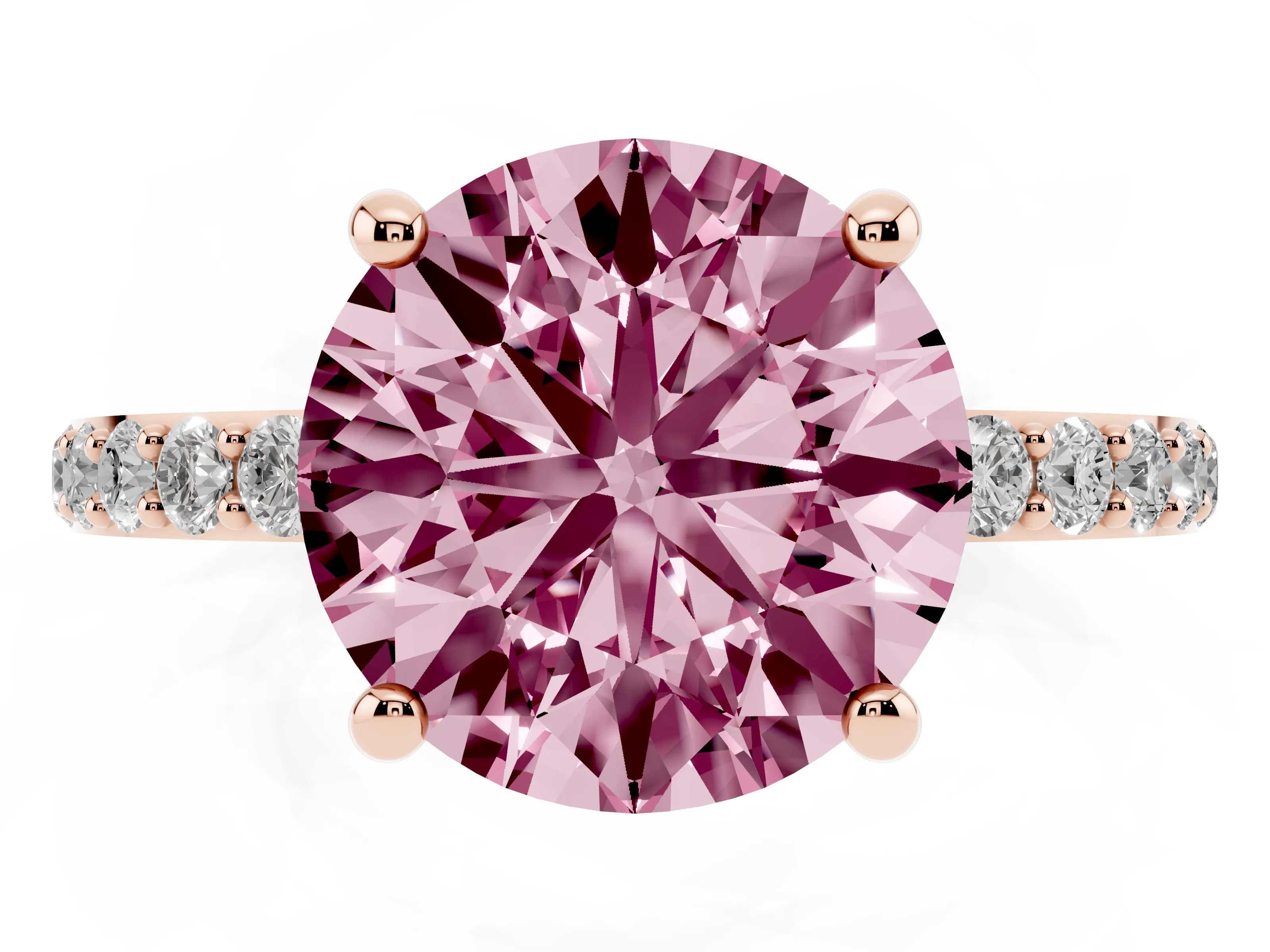 Fancy Pink Round Cut Diamond Solitaire Ring Set in Rose gold with Round Pavé Band and Prong Setting