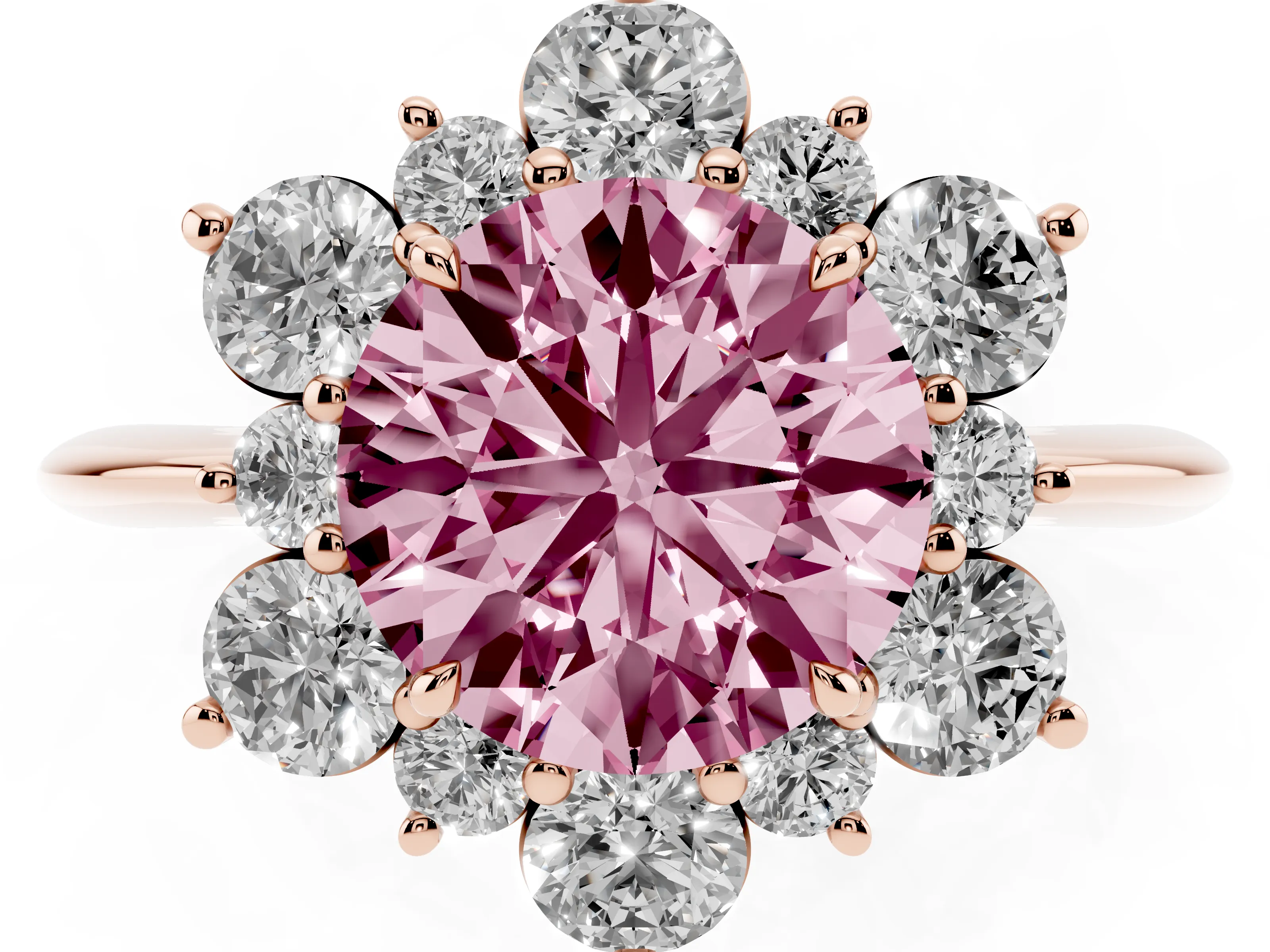 Fancy Pink Round Cut Diamond Cluster Halo Ring Set in Rose gold with Solitaire Band and Prong Setting