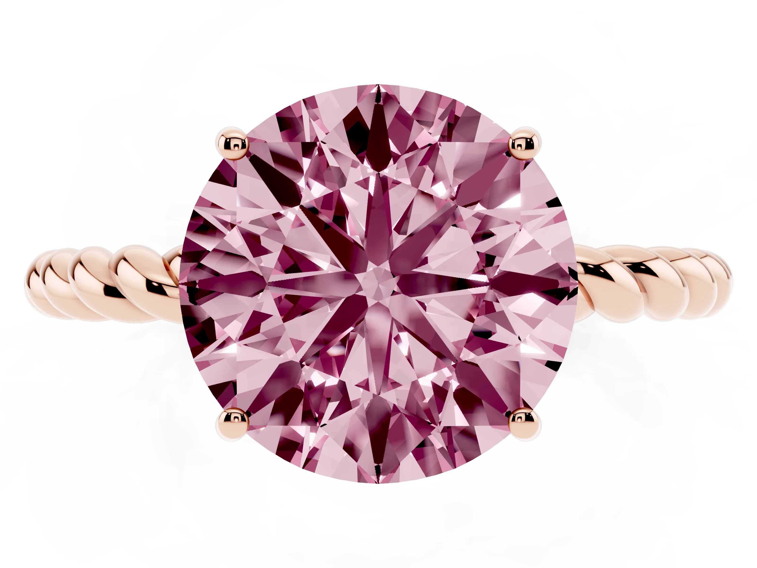 Fancy Pink Round Cut Diamond Solitaire Ring Set in Rose gold with Twist Band and Prong Setting