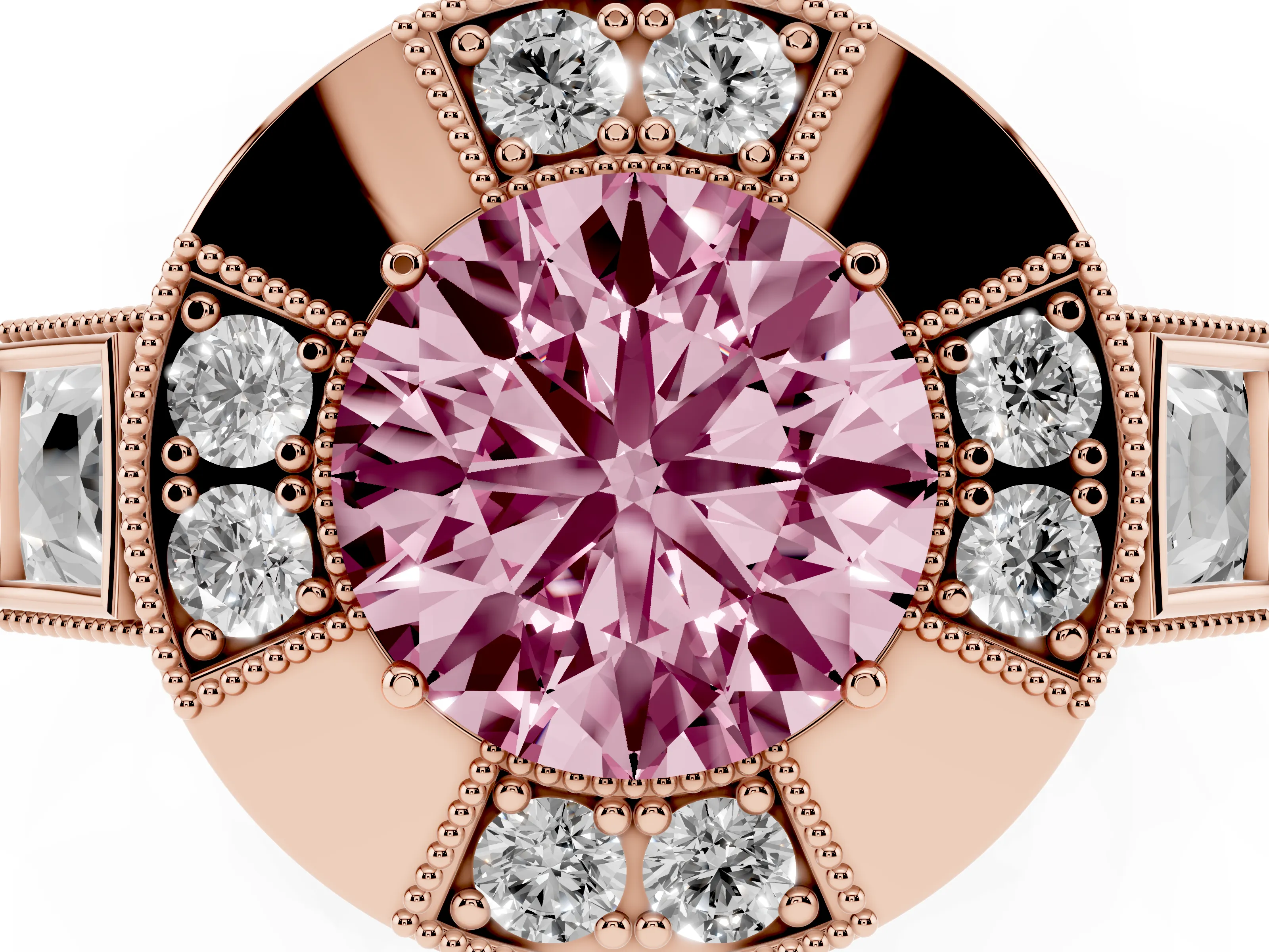 Fancy Pink Round Cut Diamond Milgrain Halo Ring Set in Rose gold with Split Shank