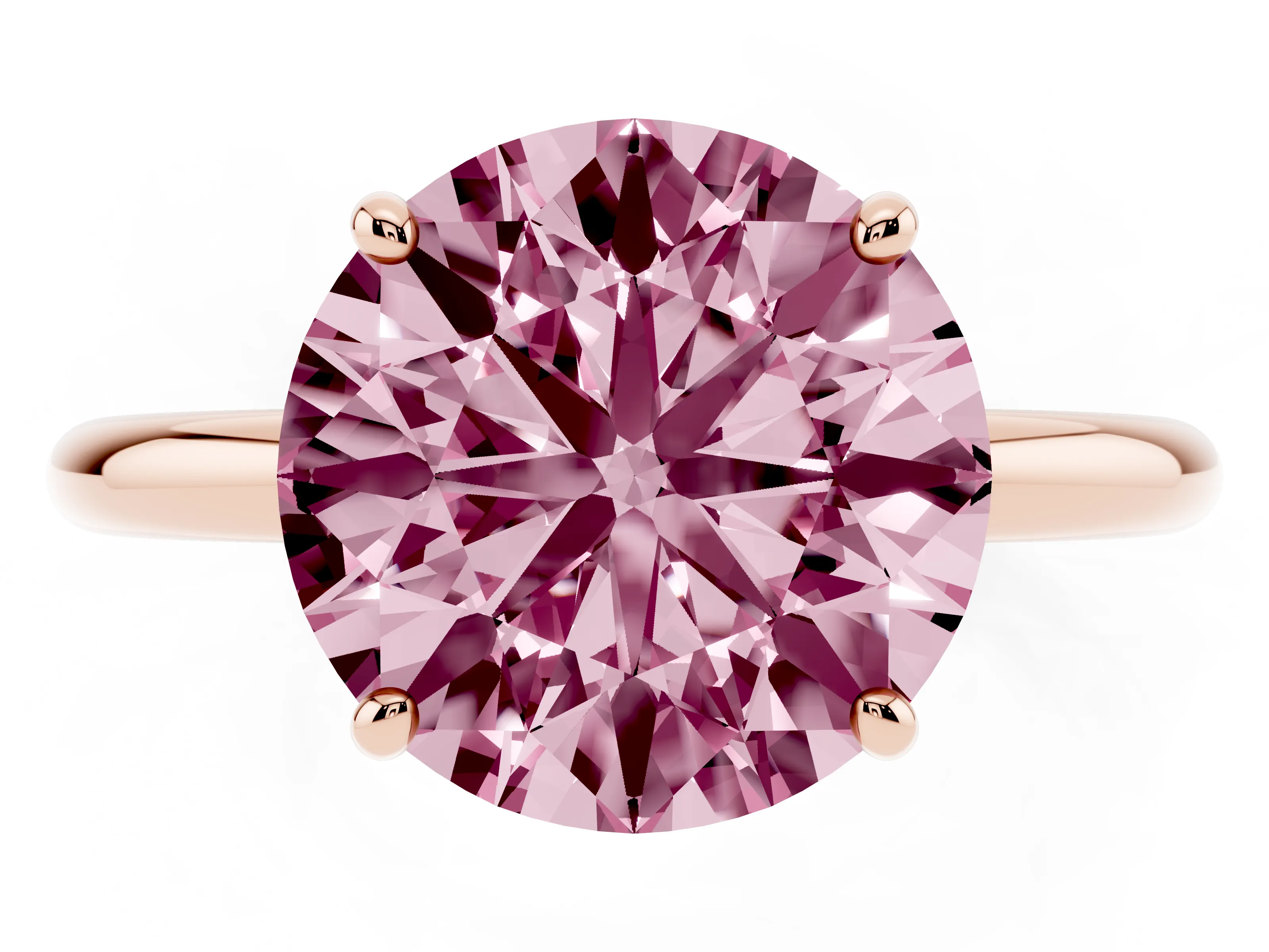 Fancy Pink Round Cut Diamond Solitaire Ring Set in Rose gold with Prong Setting on a Polished Plain Band