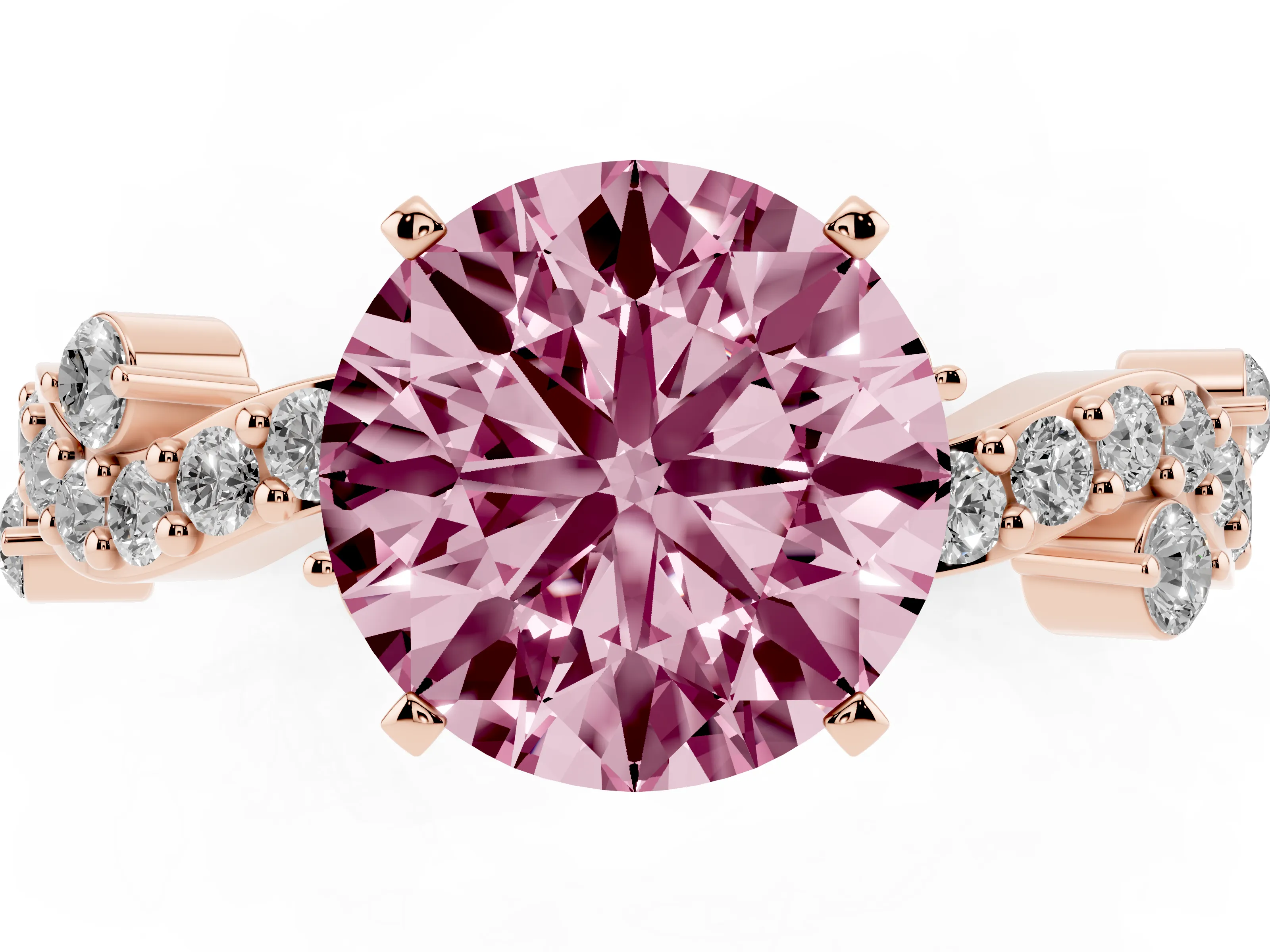 Fancy Pink Round Cut Diamond Solitaire Twisted Band Set in Rose gold with Pavé Setting
