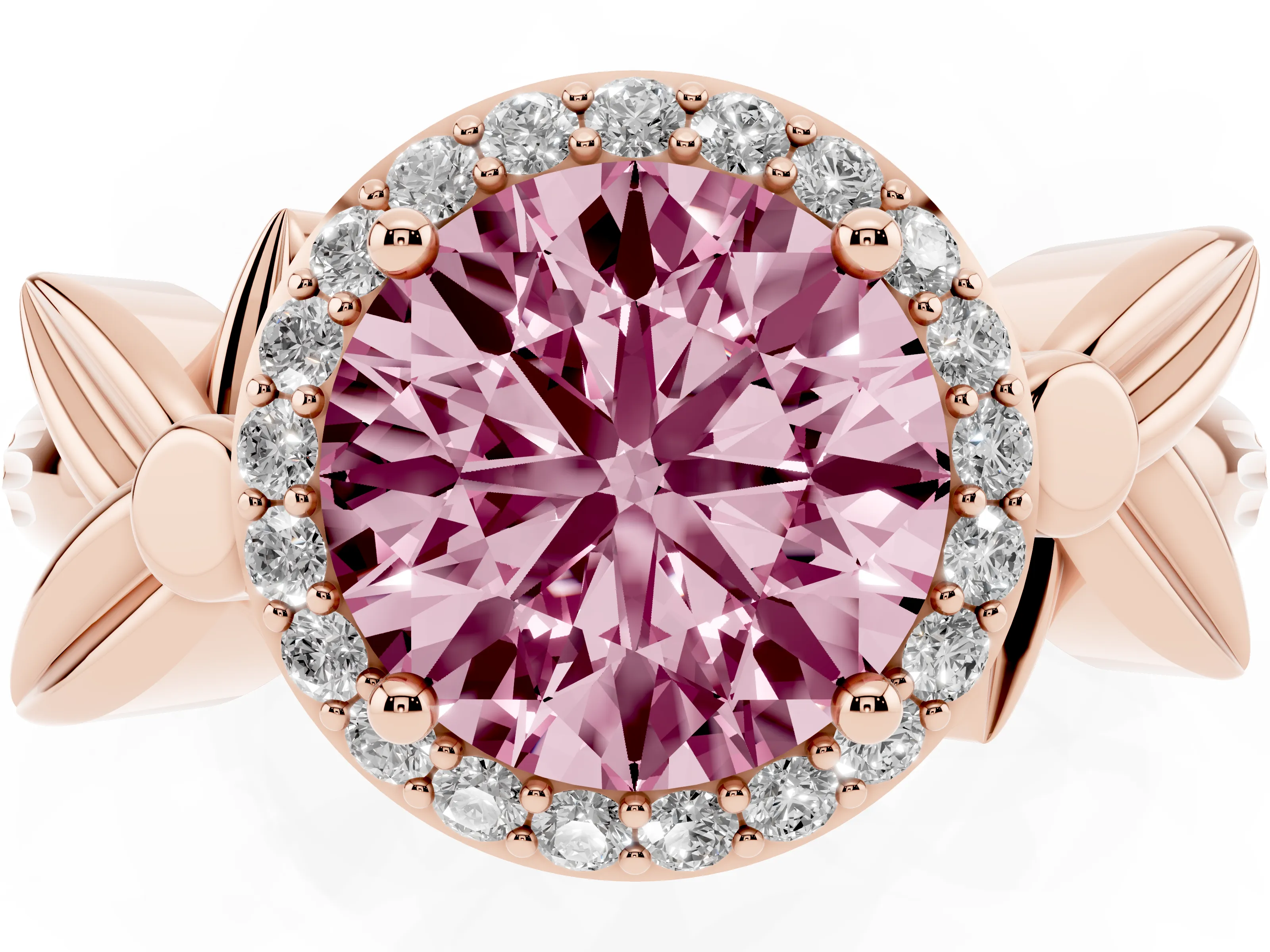 Fancy Pink Round Cut Diamond Halo Floral Band Ring Set in Rose gold with Prong Setting