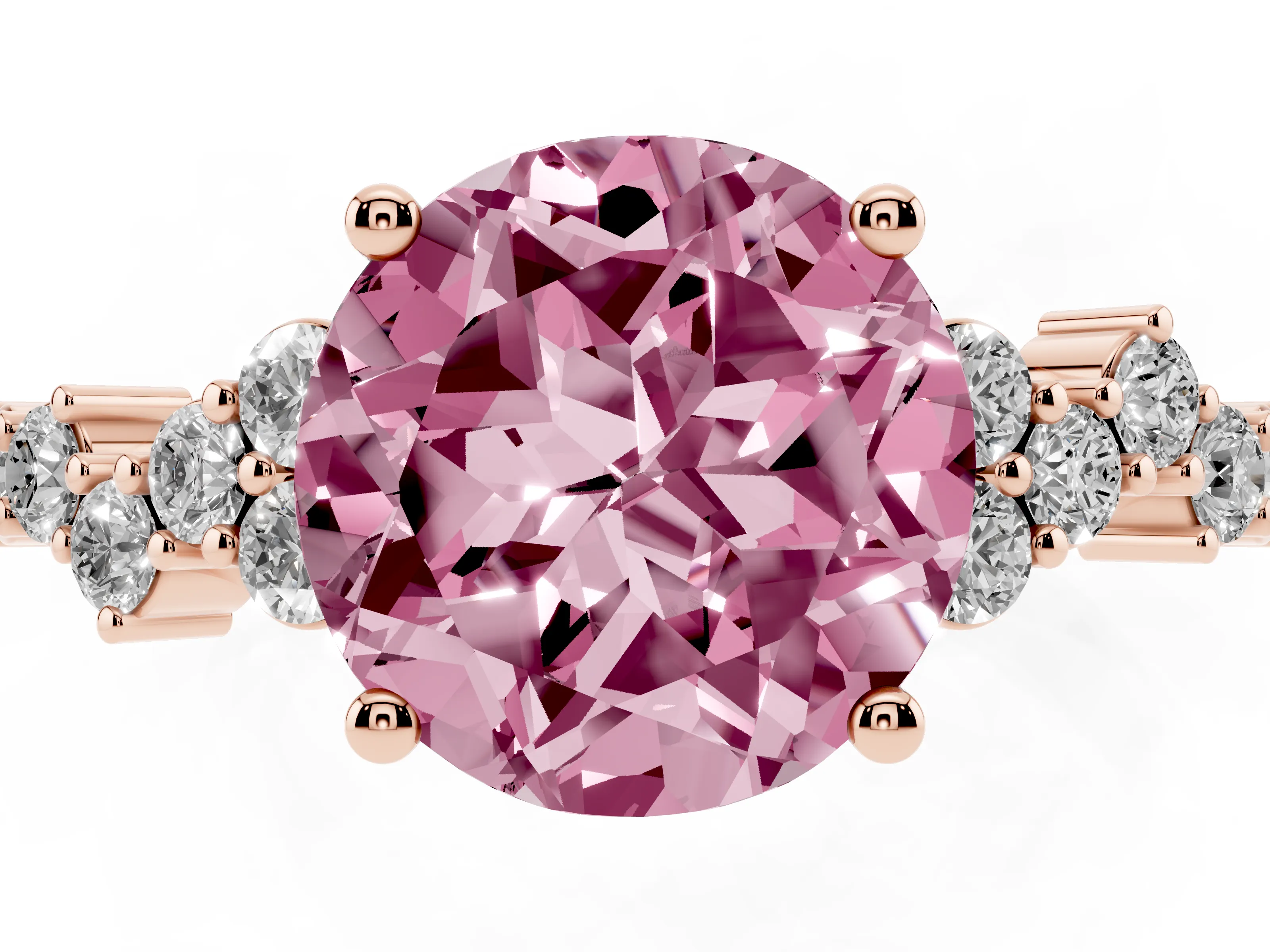 Fancy Pink Round Cut Diamond Ring Set in Rose gold with Scattered Round Accents