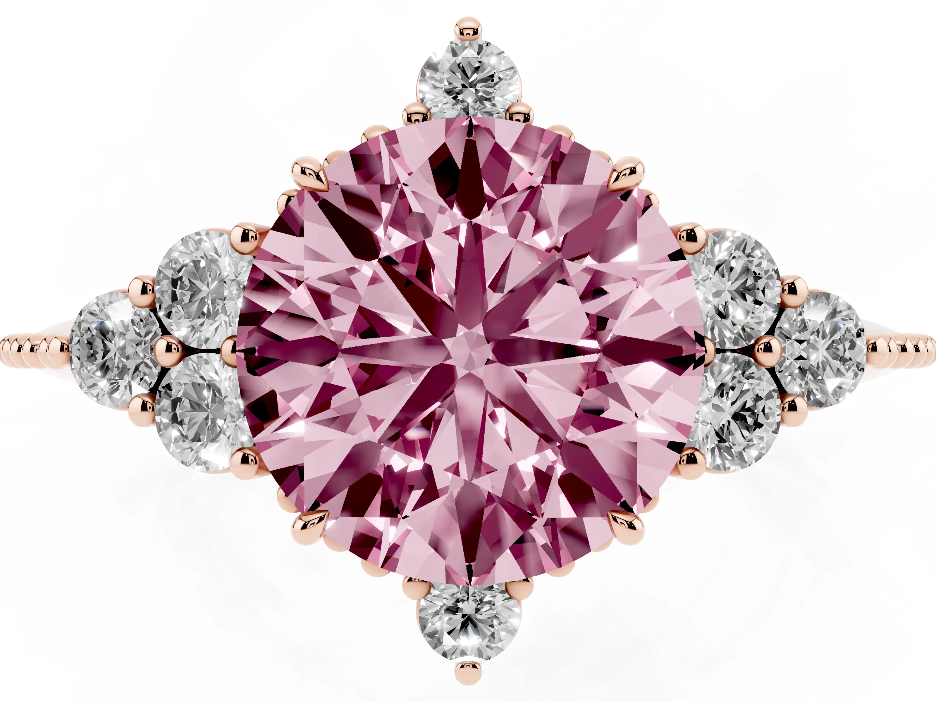 Fancy Pink Round Cut Diamond Cluster Ring Set in Rose gold with Beaded Band