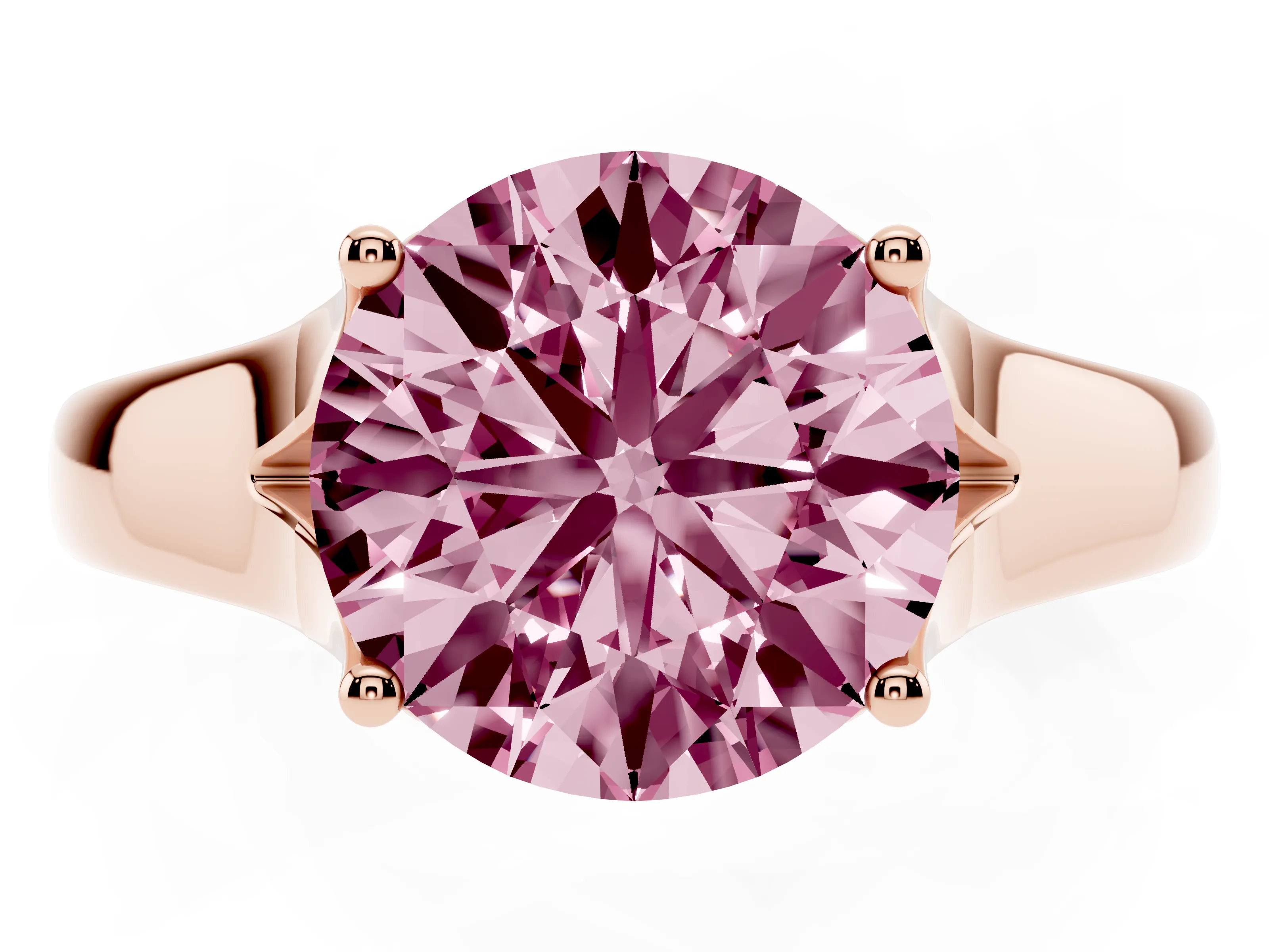 Fancy Pink Round Cut Diamond Solitaire Ring Set in Rose gold with Arched Cathedral Band and Prong Setting