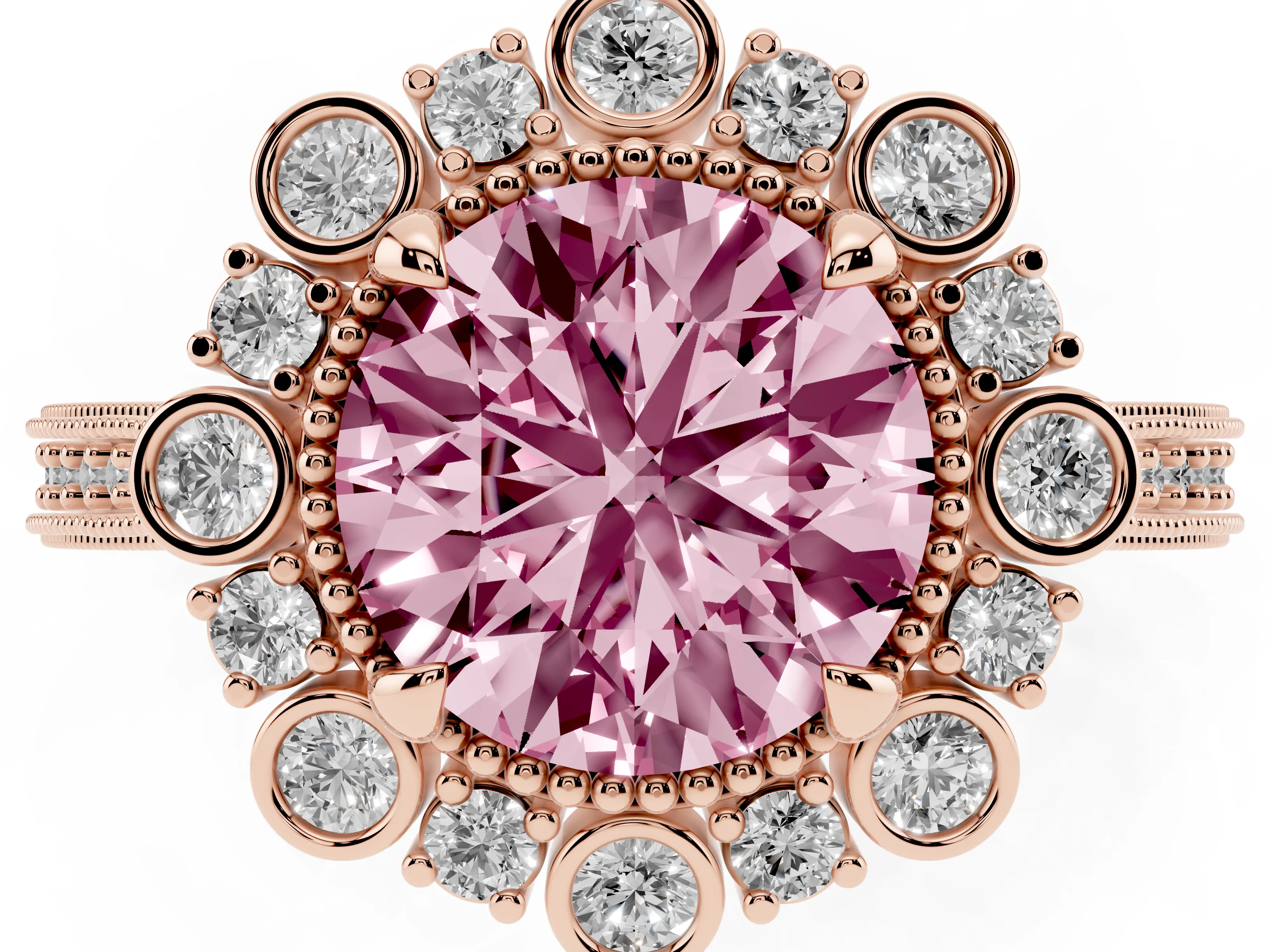 Fancy Pink Round Cut Diamond Halo Milgrain Pavé Ring Set in Rose gold with Prong Setting