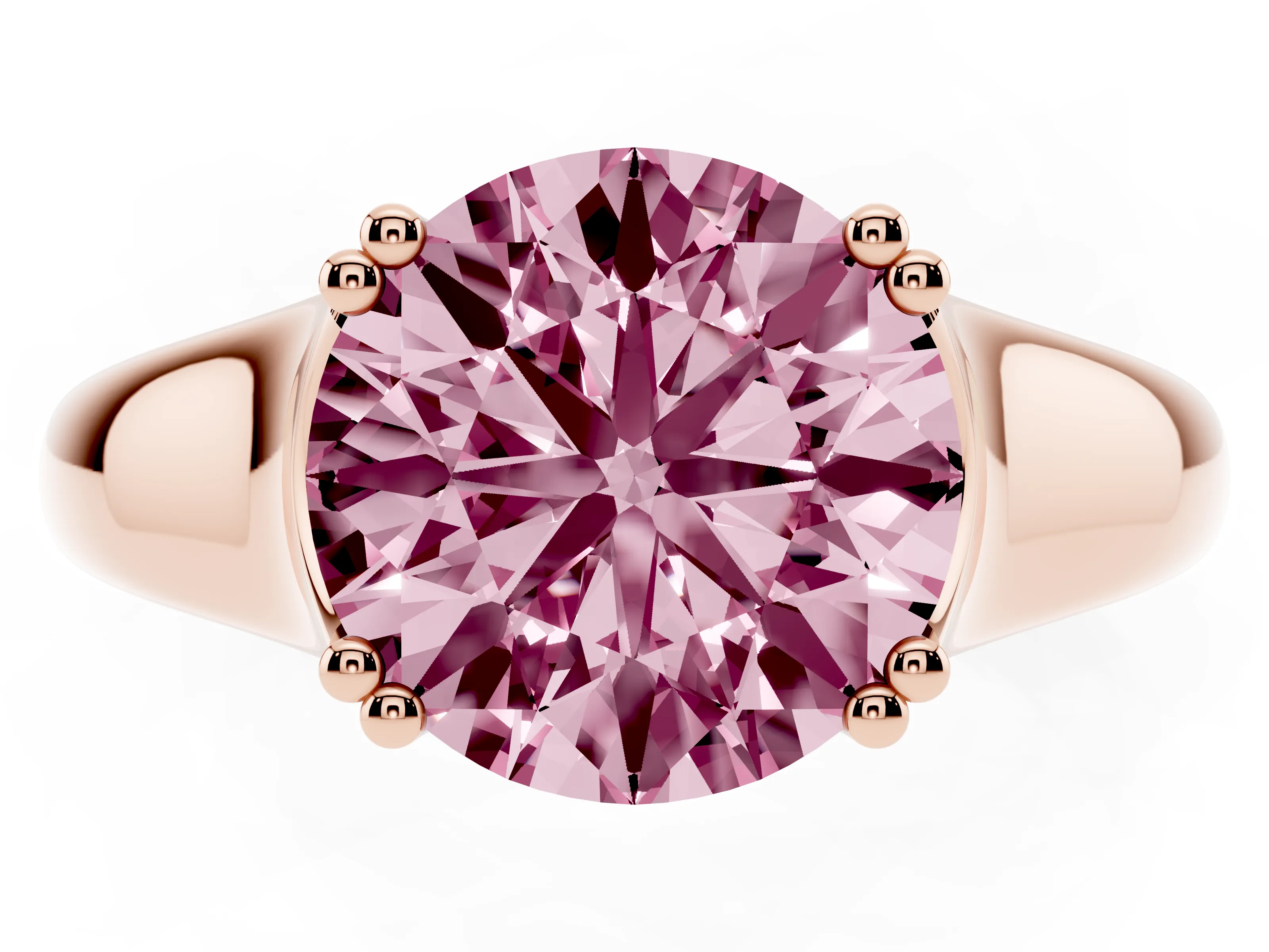 Fancy Pink Round Cut Diamond Solitaire Ring Set in Rose gold with Wide Band and Prong Setting