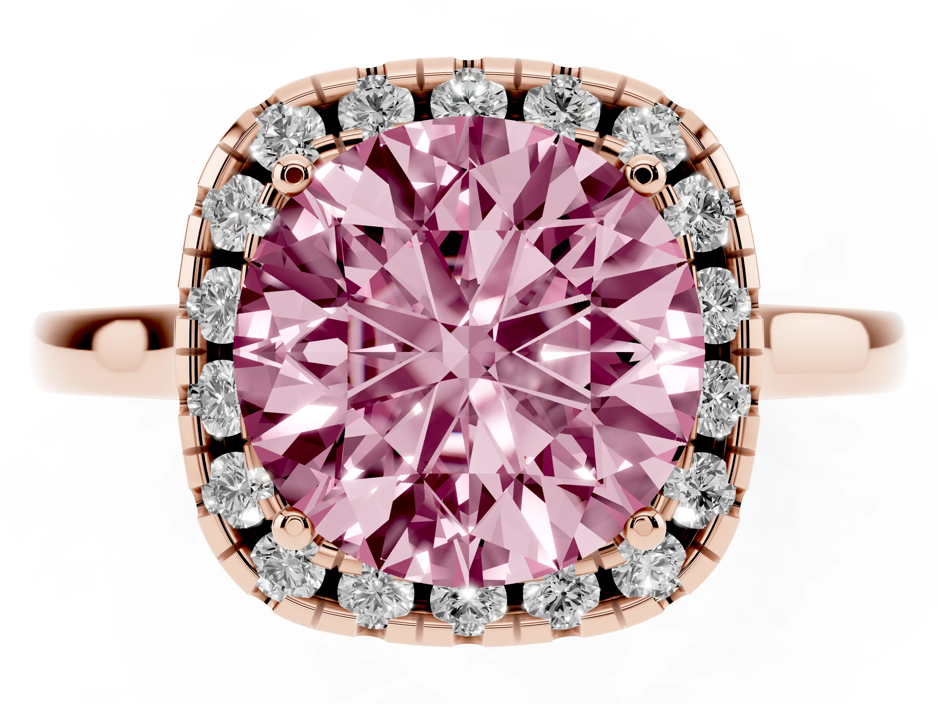 Fancy Pink Round Cut Halo Round Diamond Solitaire Ring Set in Rose gold with Pavé Band and Prong Setting
