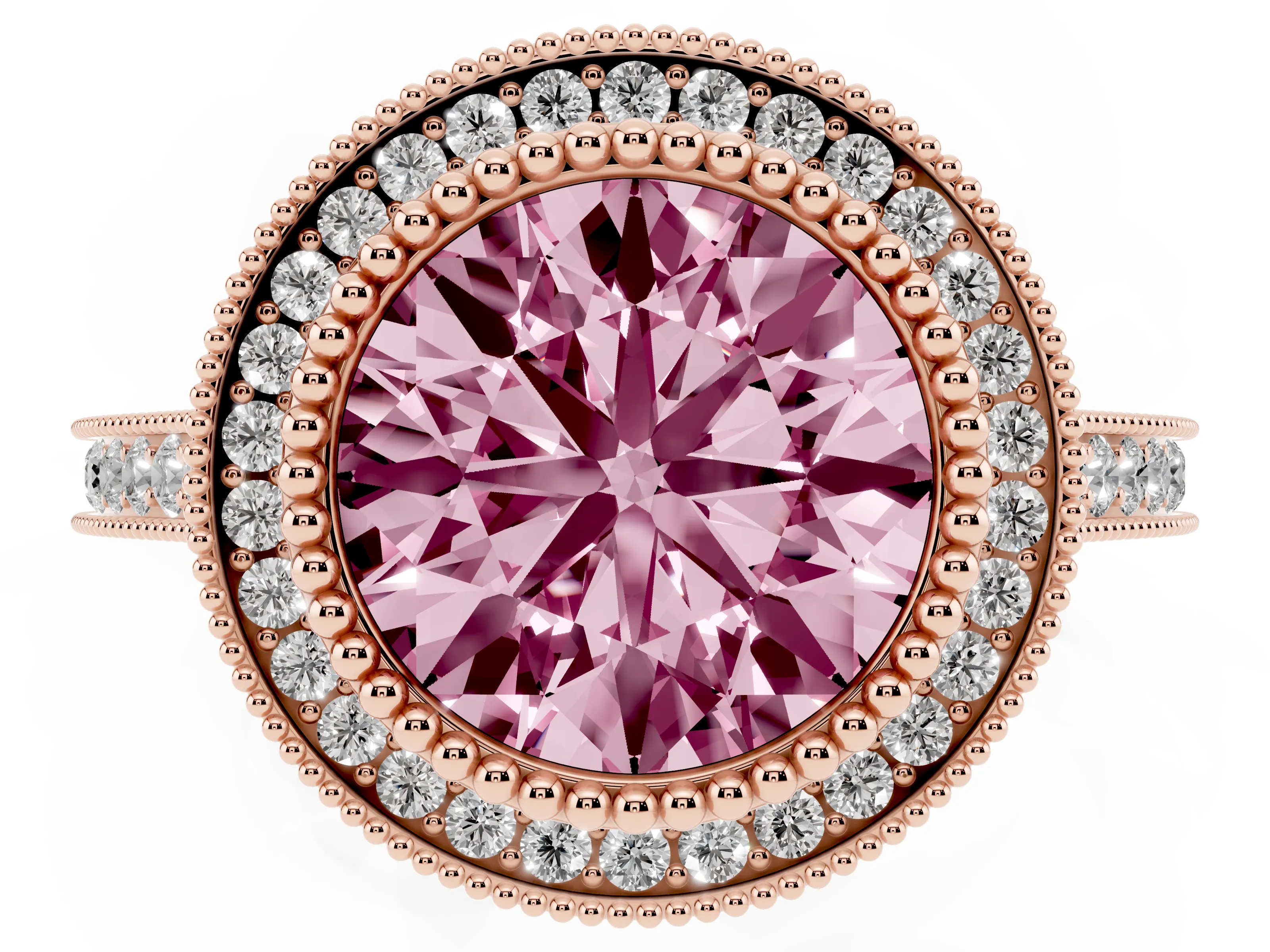 Fancy Pink Round Cut Diamond Halo Ring Set in Rose gold with Milgrain Frame and Pavé Band