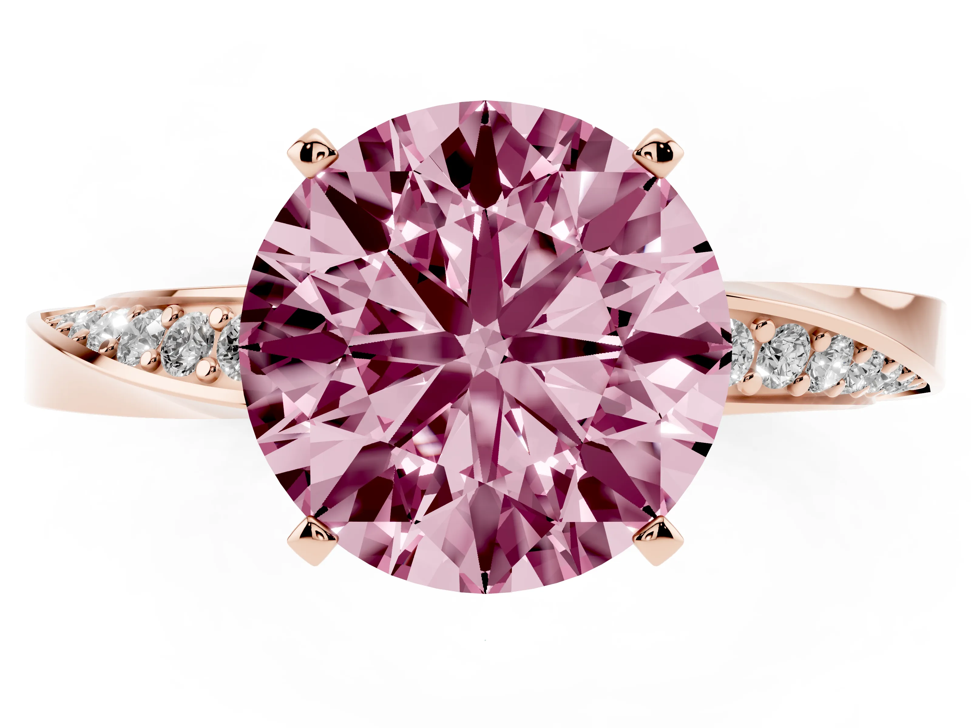 Fancy Pink Round Cut Diamond Engagement Ring Set in Rose gold with Side Stone Accents and Prong Setting