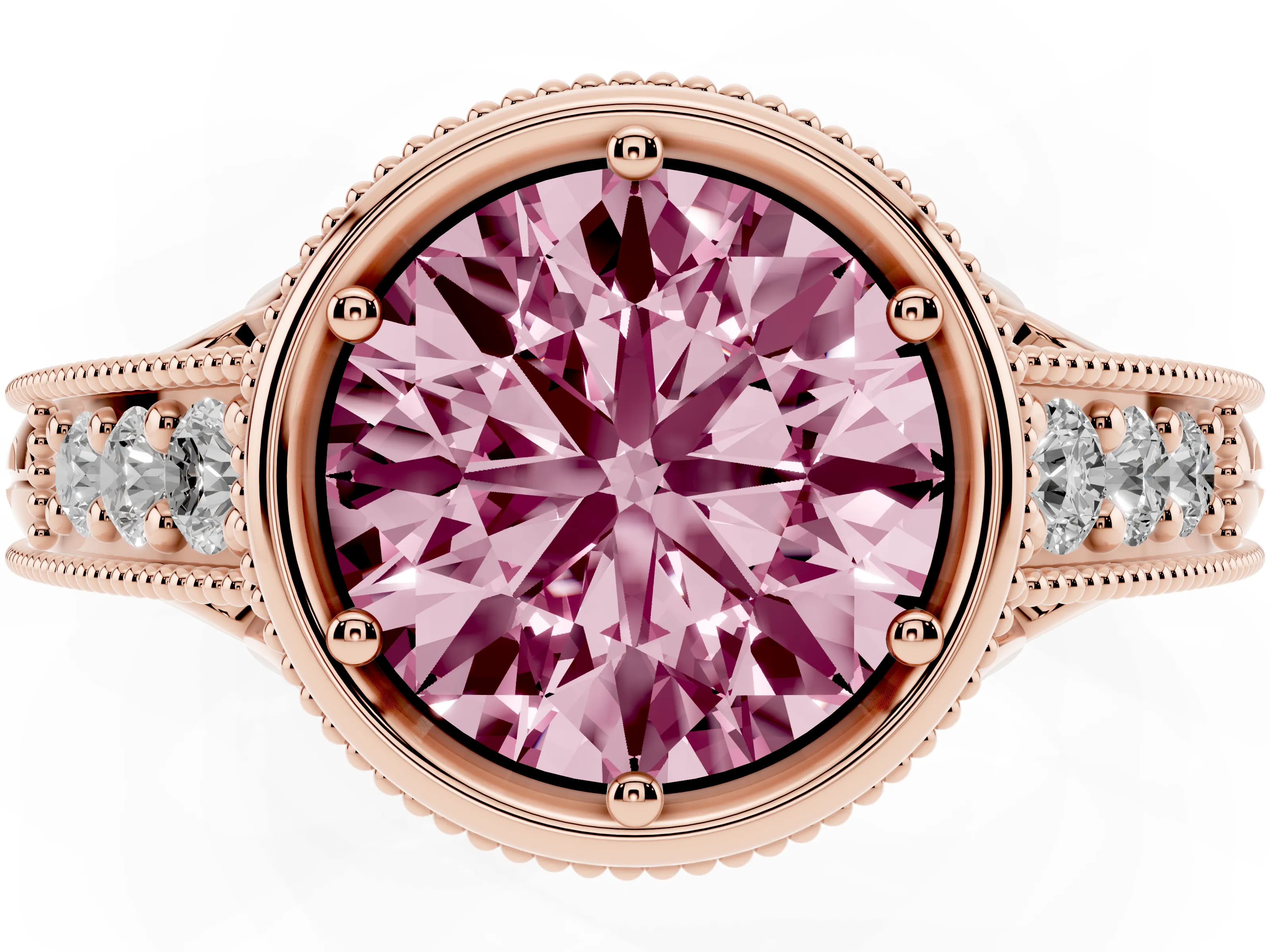 Fancy Pink Bezel Set Round Cut Diamond Milgrain Pavé Engagement Ring Set in Rose gold