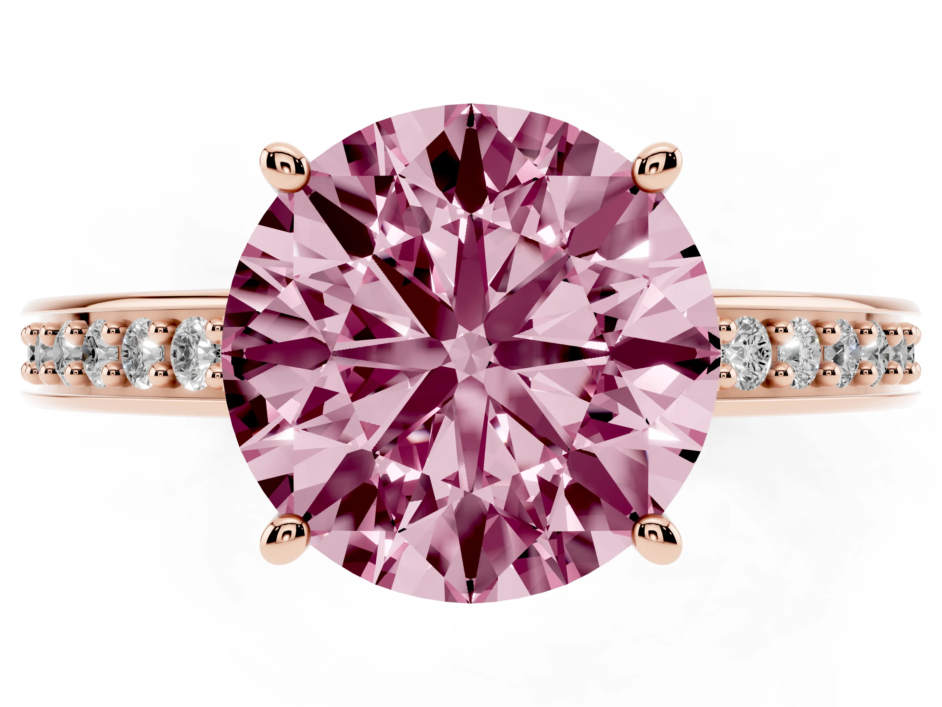 Fancy Pink Round Cut Diamond Pavé Band Prong Set Solitaire Ring Set in Rose gold