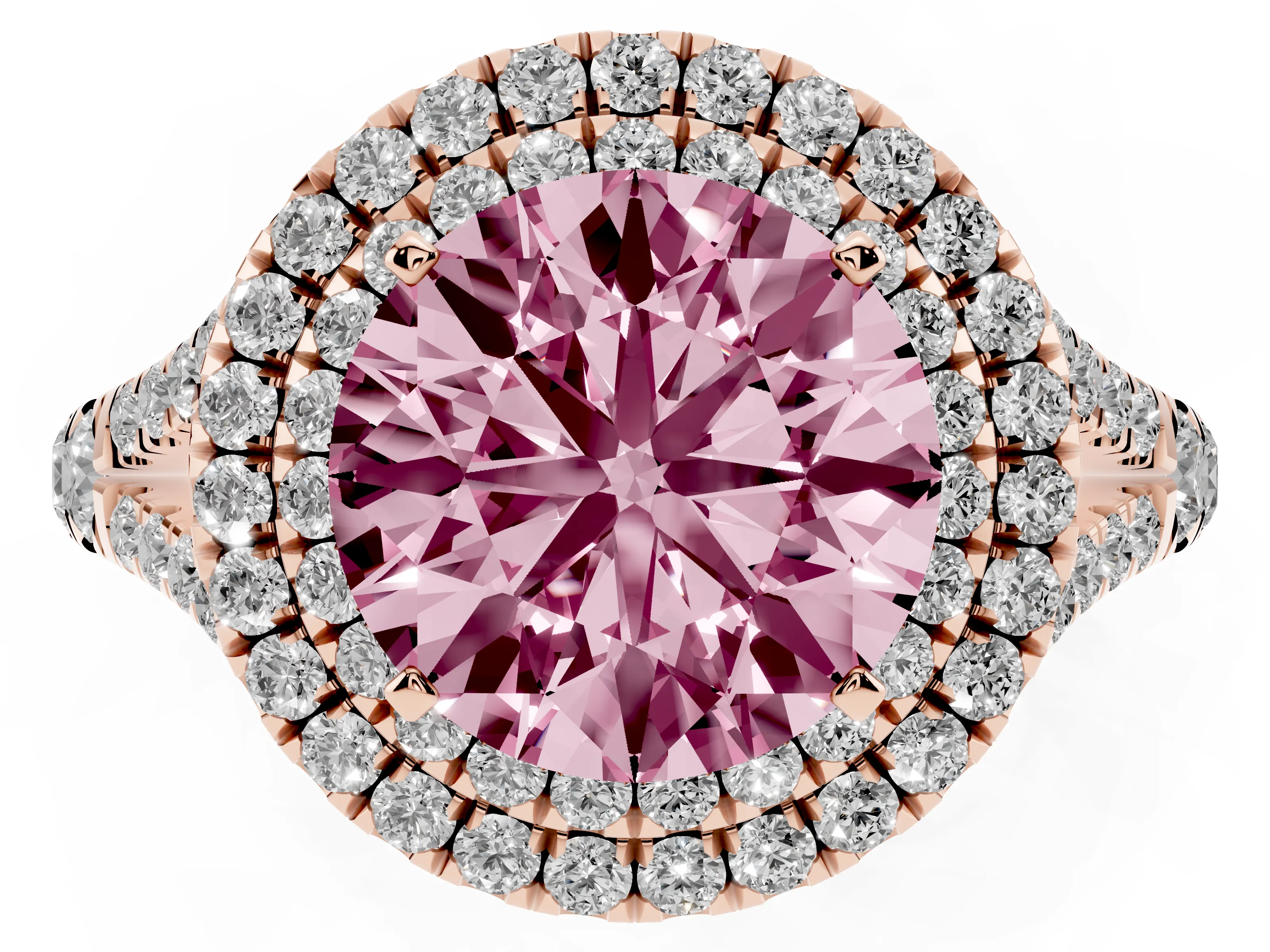 Fancy Pink Round Cut Diamond Pavé Split Shank Double Halo Engagement Ring Set in Rose gold