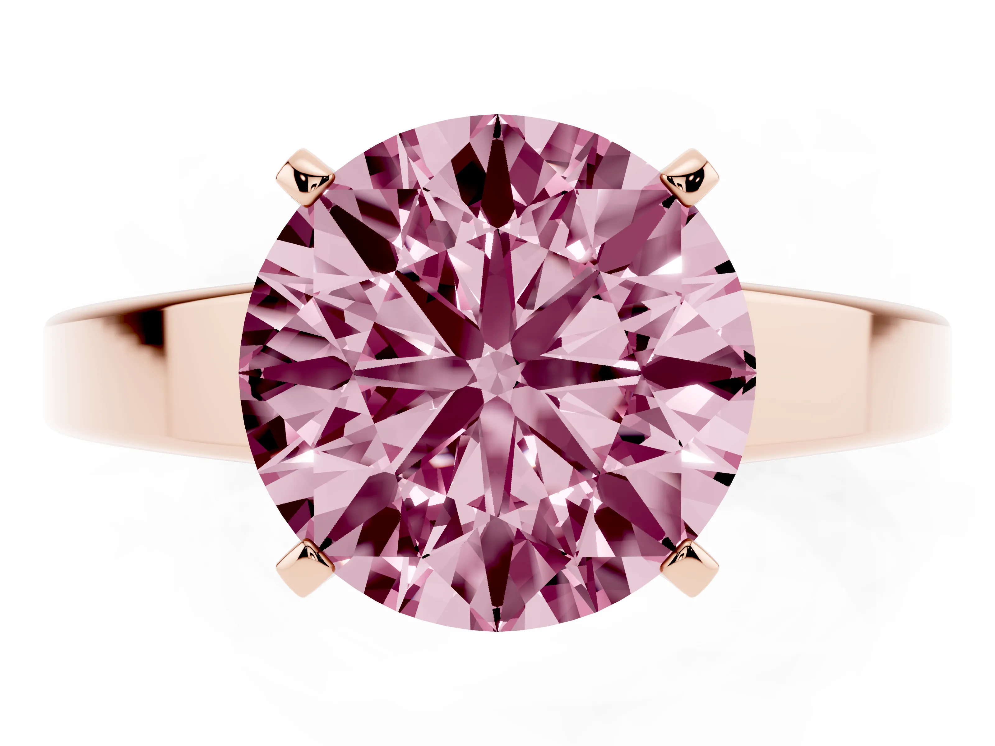 Fancy Pink Round Cut Diamond Solitaire Engagement Ring Set in Rose gold with Prong Setting and Tapered Band