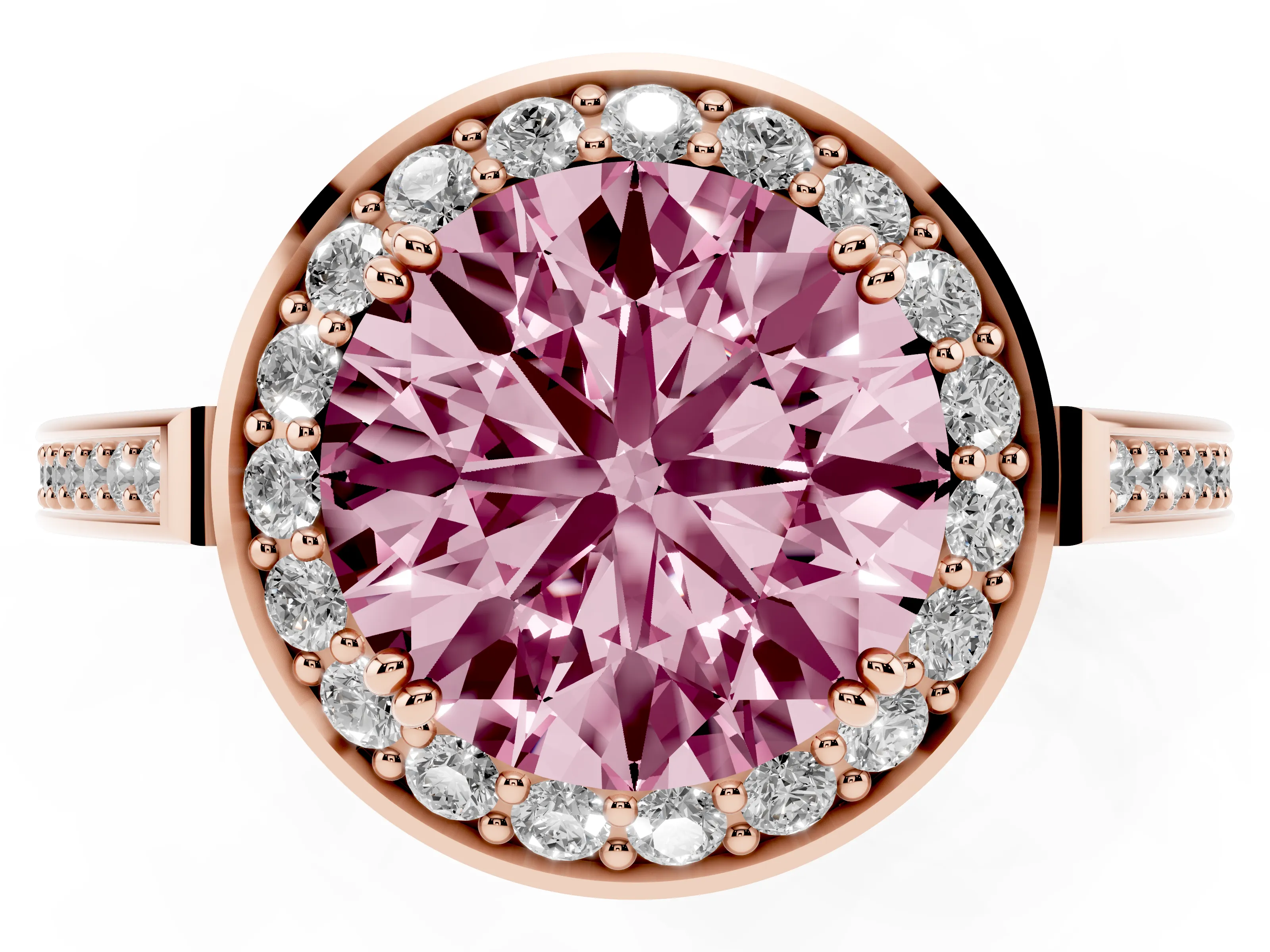Fancy Pink Round Cut Diamond Halo Ring Set in Rose gold with Accent-Lined Split Shank and Prong Setting