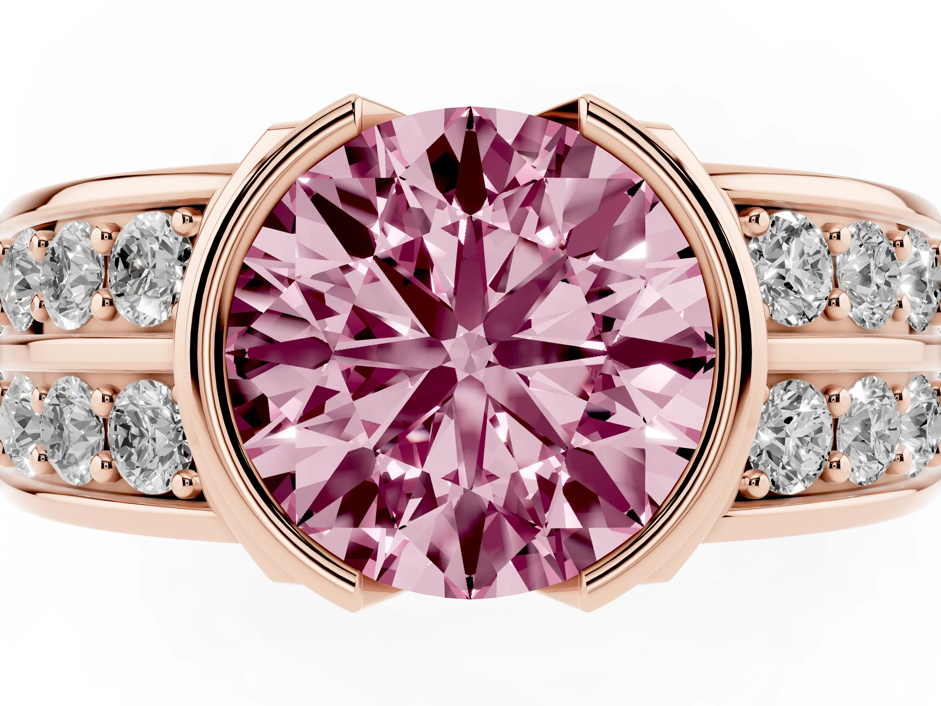 Fancy Pink Round Cut Diamond Wide Channel Set Band Ring Set in Rose gold with Bezel Setting