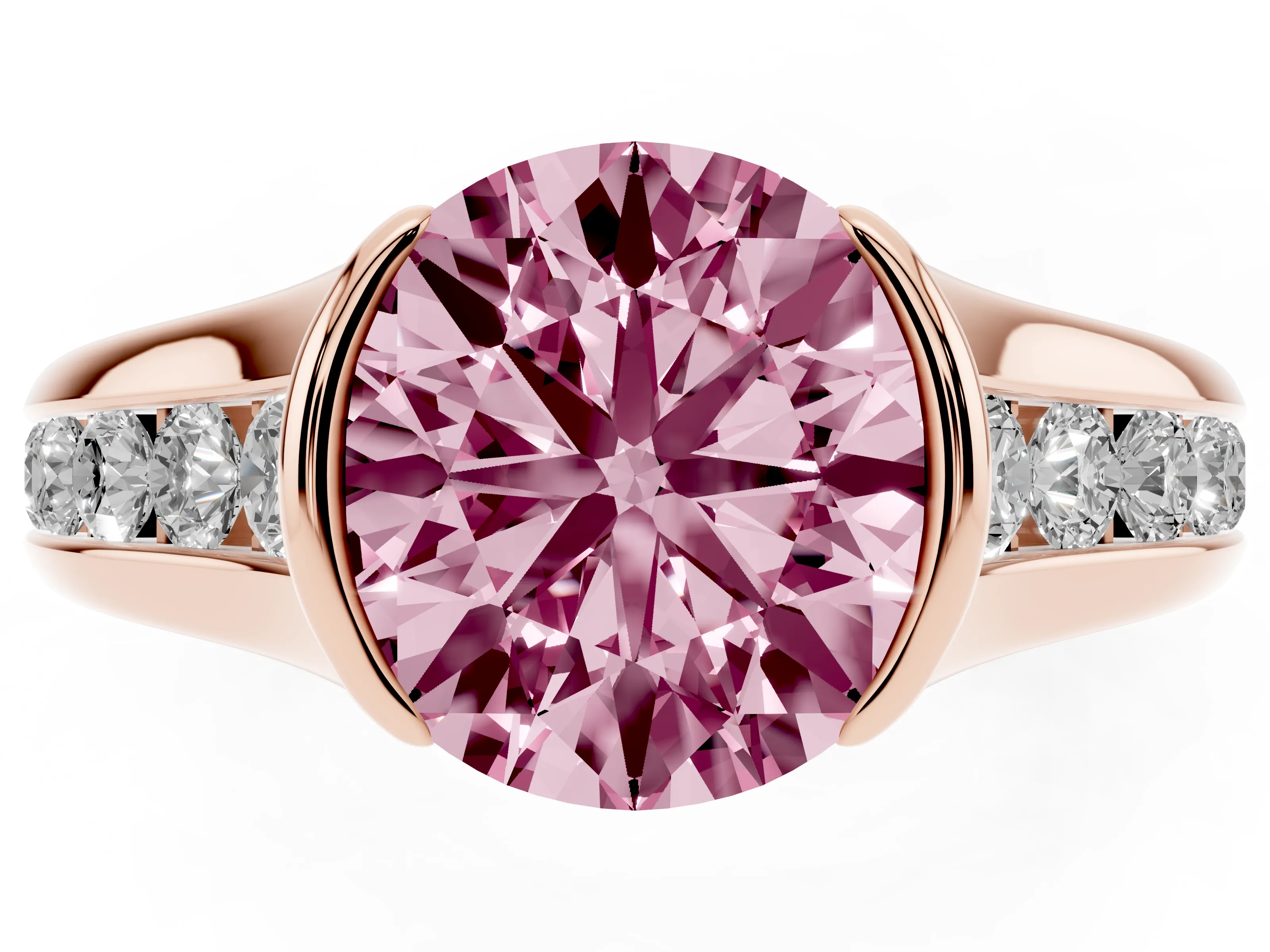 Fancy Pink Round Cut Diamond Bezel-Set Solitaire Ring Set in Rose gold with Channel-Set Band