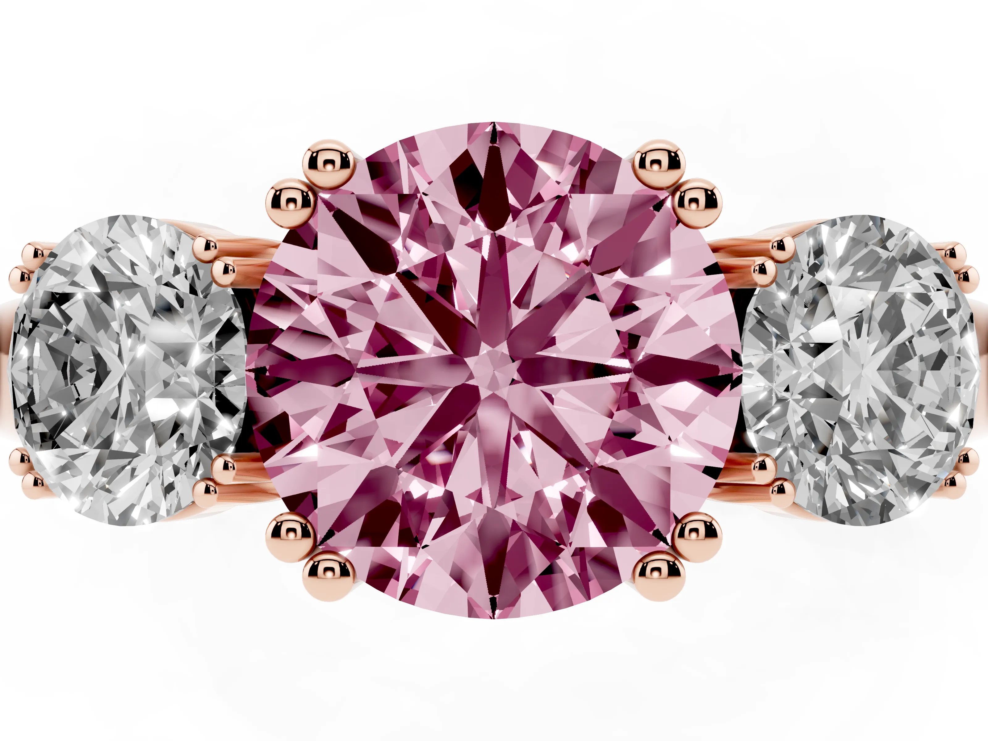 Fancy Pink Round Cut Diamond Three-Stone Ring Set in Rose gold with Polished Channel-Set Band