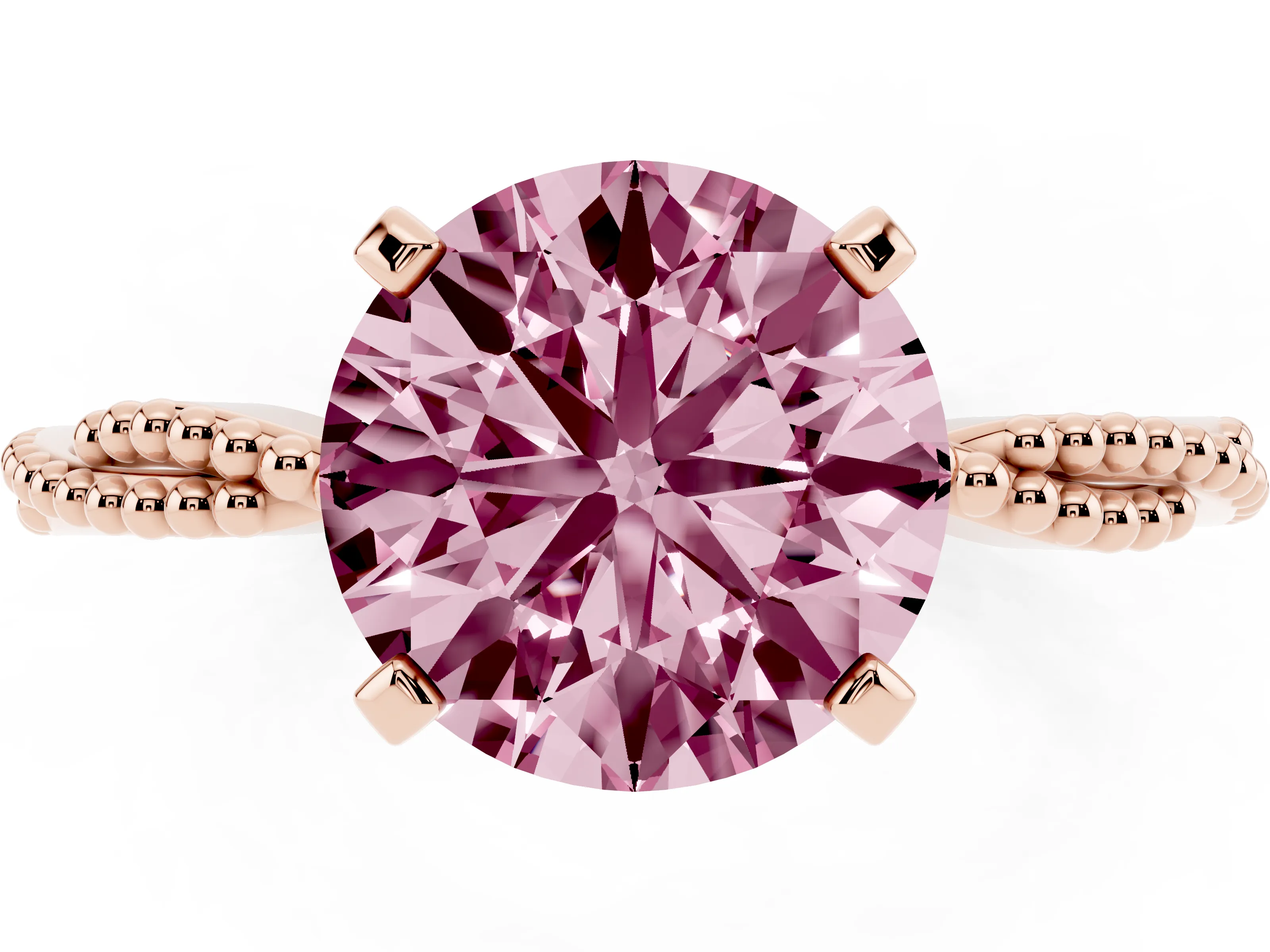 Fancy Pink Round Cut Diamond Solitaire Ring Set in Rose gold with Twisted Band and Bead Prong Setting