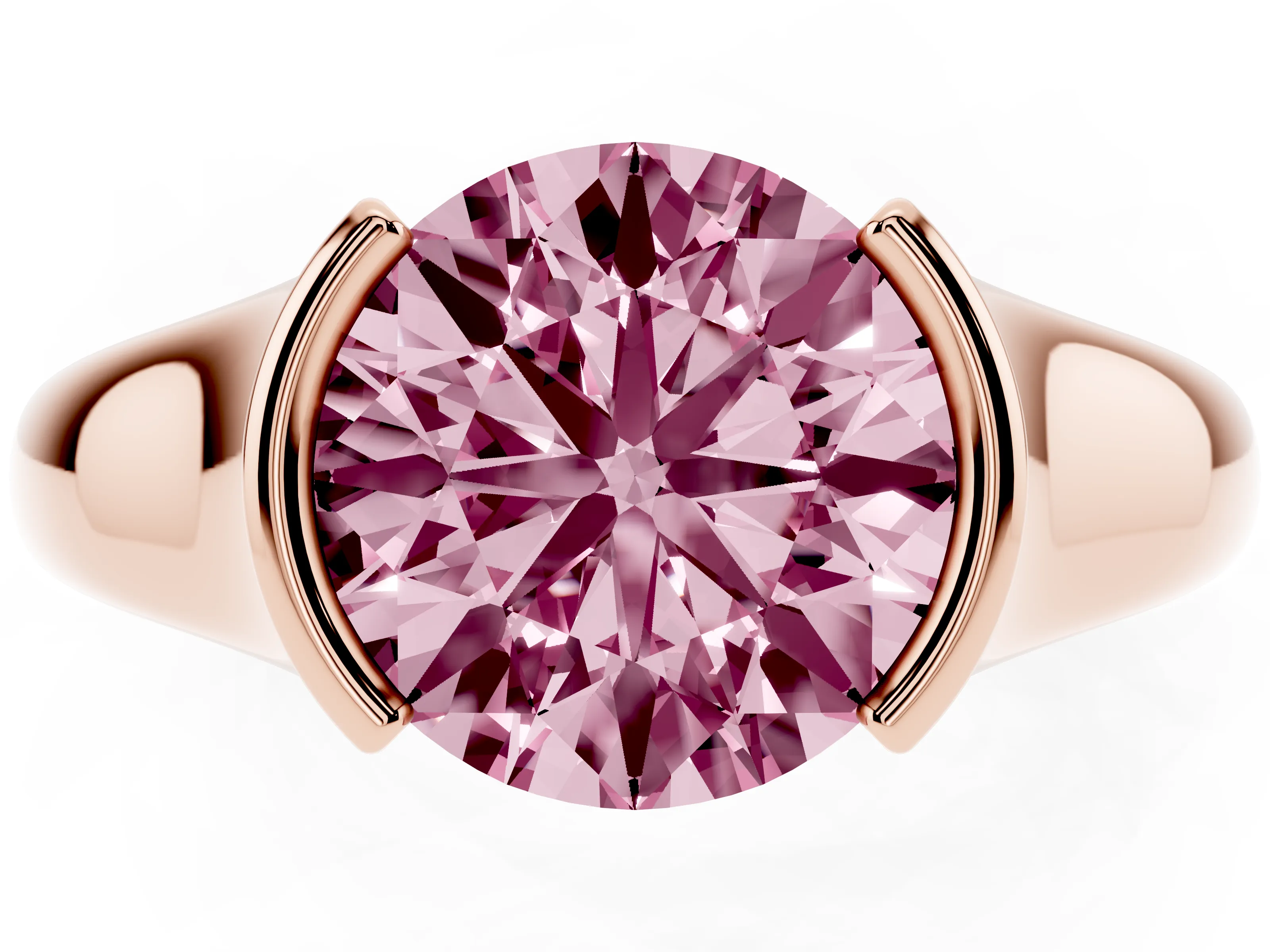 Fancy Pink Round Cut Diamond Solitaire Tension Set Ring Set in Rose gold with Split Shank Band