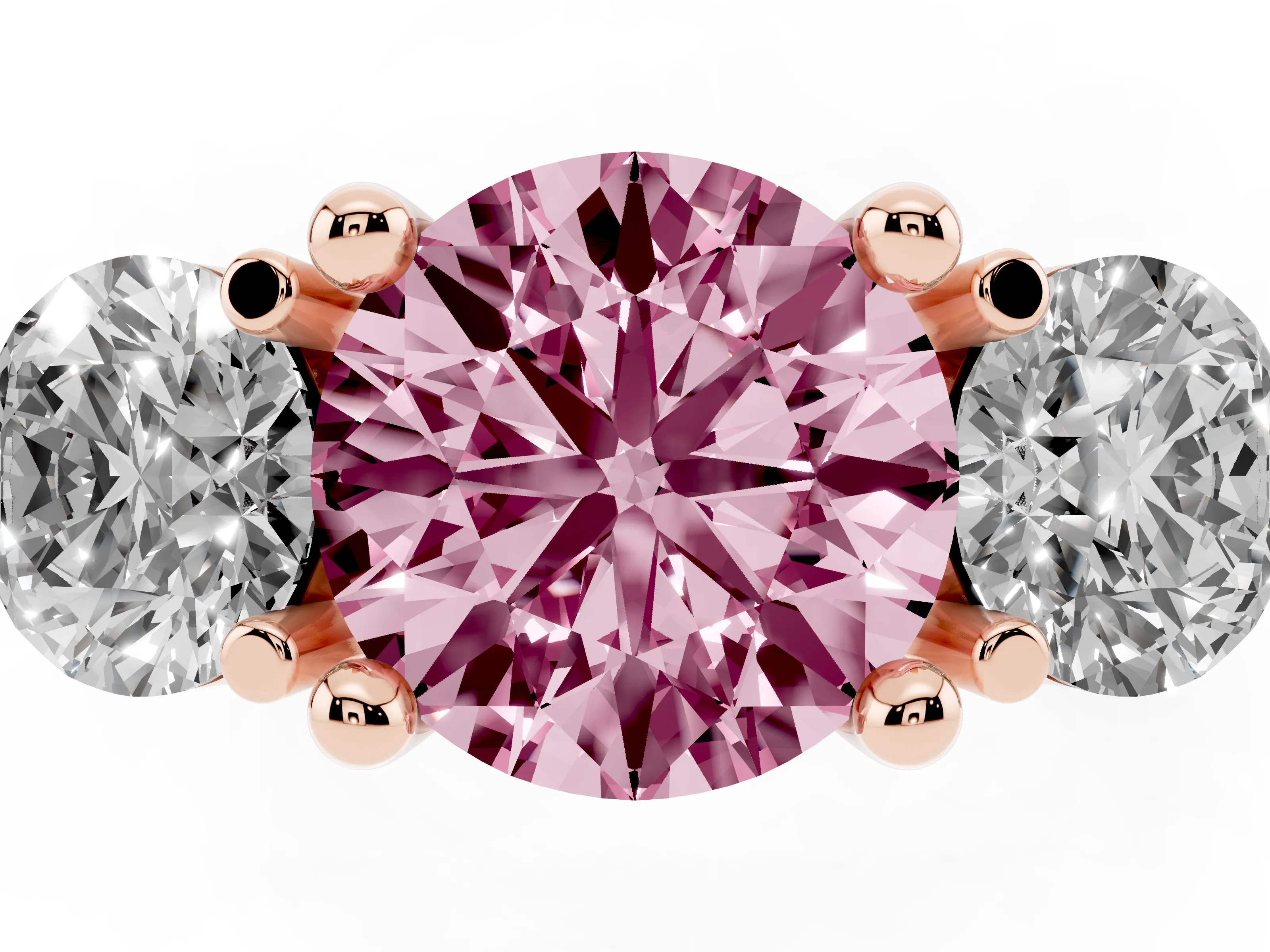 Fancy Pink Round Cut Diamond Three-Stone Ring Set in Rose gold with Prong Setting and Classic Band