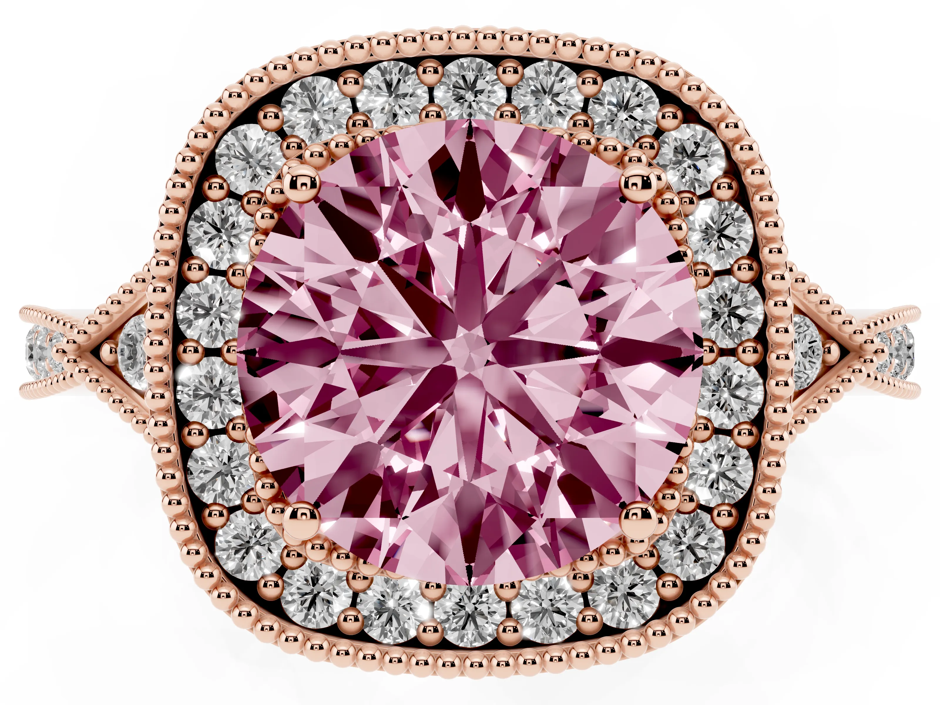 Fancy Pink Round Cut Diamond Halo Engagement Ring Set in Rose gold with Milgrain Pavé Band
