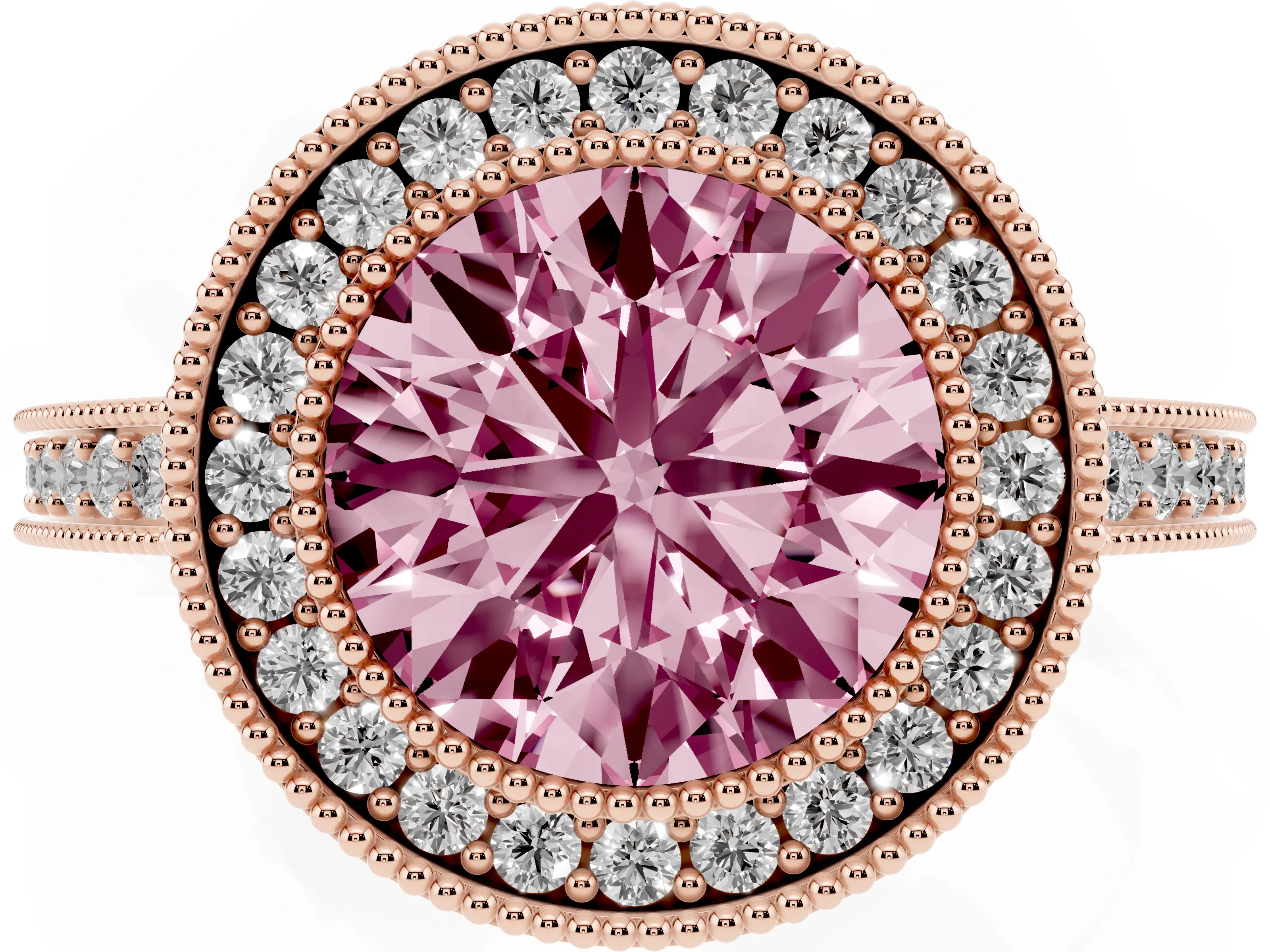 Fancy Pink Round Cut Diamond Round Halo Ring Set in Rose gold with Pavé Band