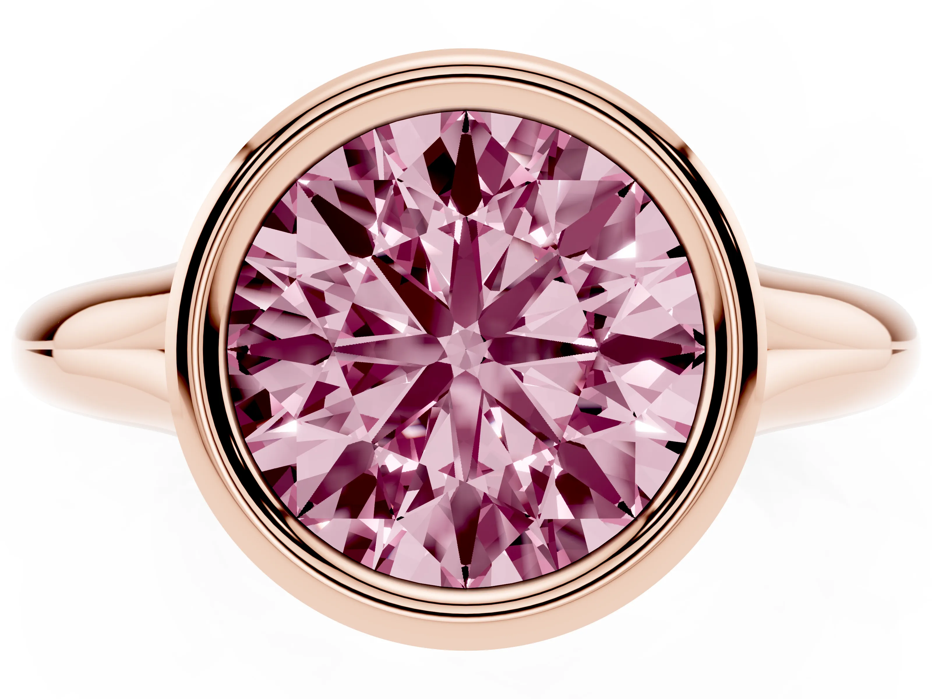 Fancy Pink Bezel Set Round Cut Diamond Solitaire Ring Set in Rose gold with Smooth Band