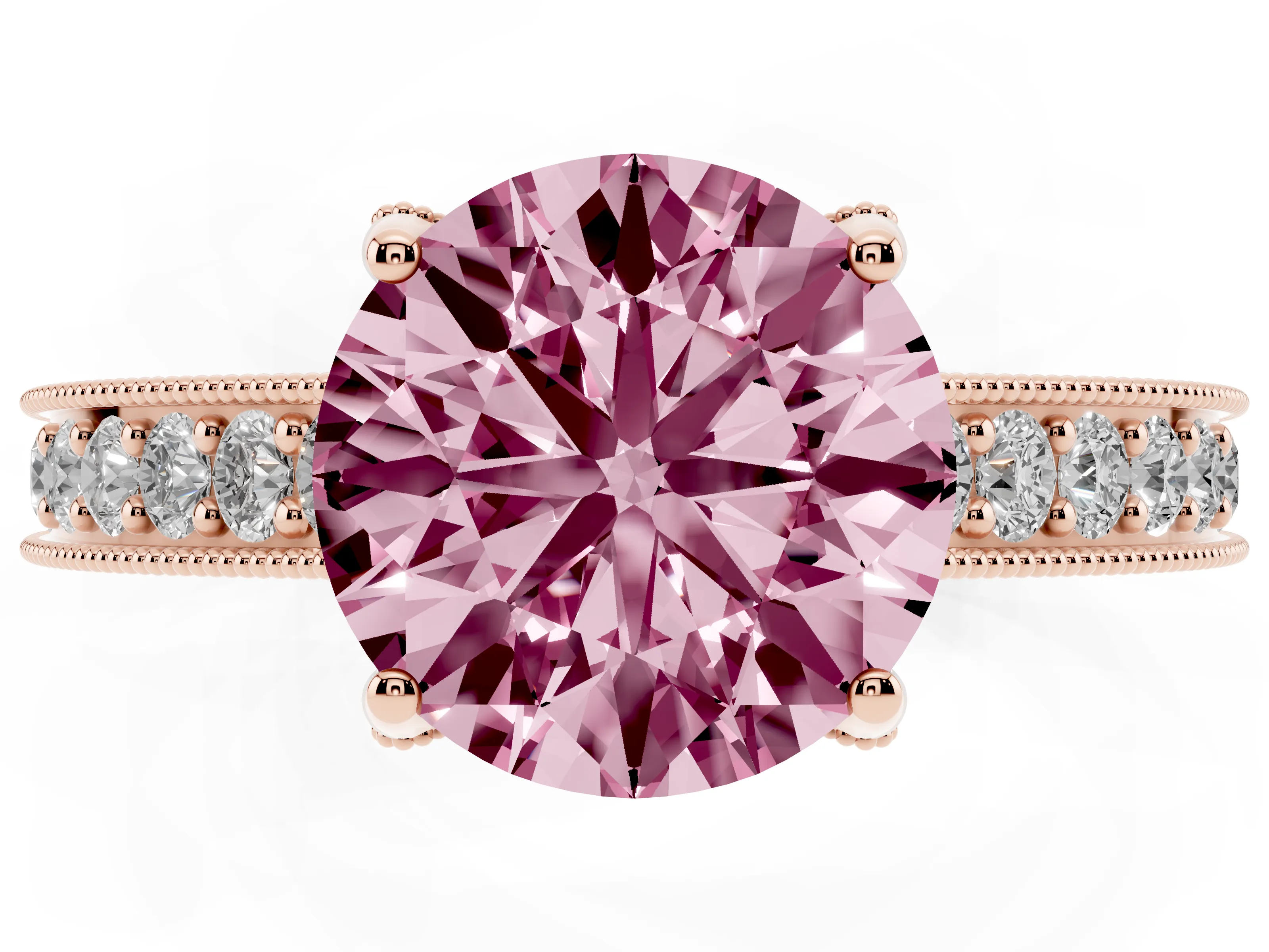 Fancy Pink Round Cut Diamond Solitaire Ring Set in Rose gold with Milgrain-Edged Pavé Band and Prong Setting