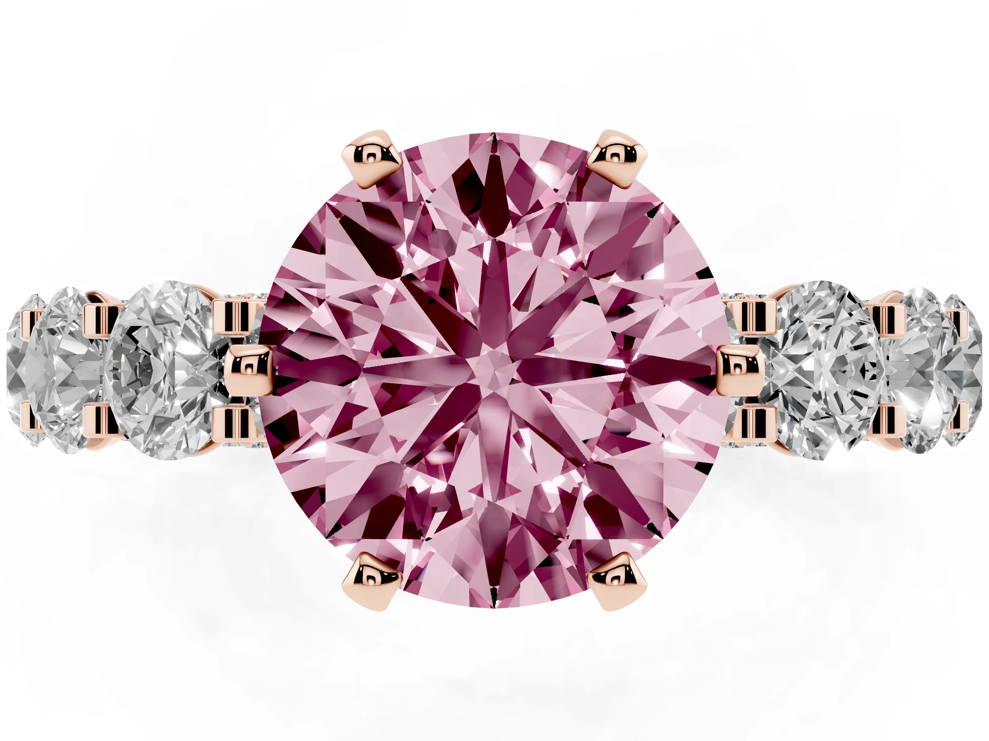 Fancy Pink Round Cut Diamond Side Stone Ring Set in Rose gold with Alternating Round and Oval Side Stones