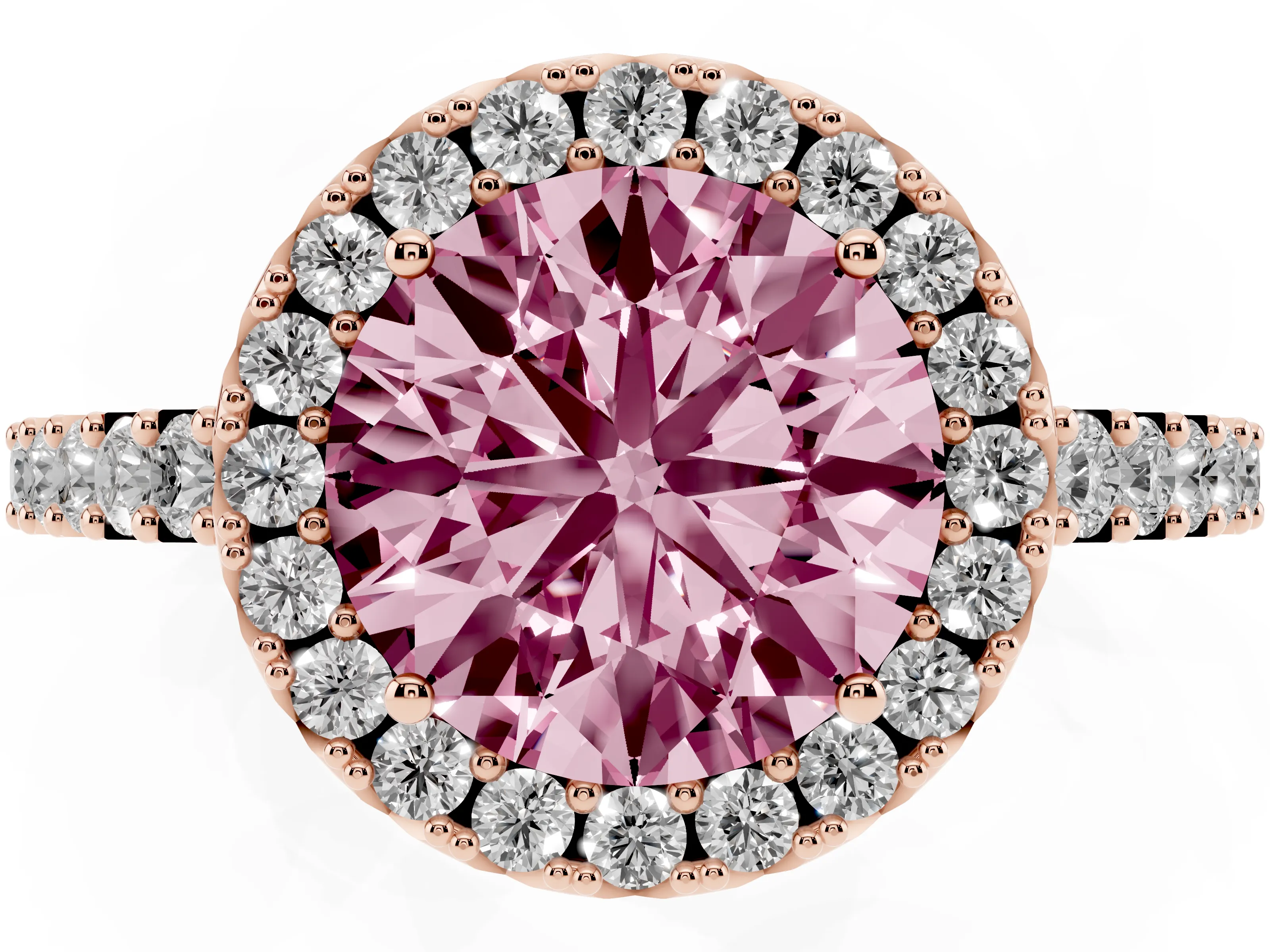 Fancy Pink Round Cut Diamond Halo Pavé Solitaire Ring Set in Rose gold with Prong-Set Center Stone