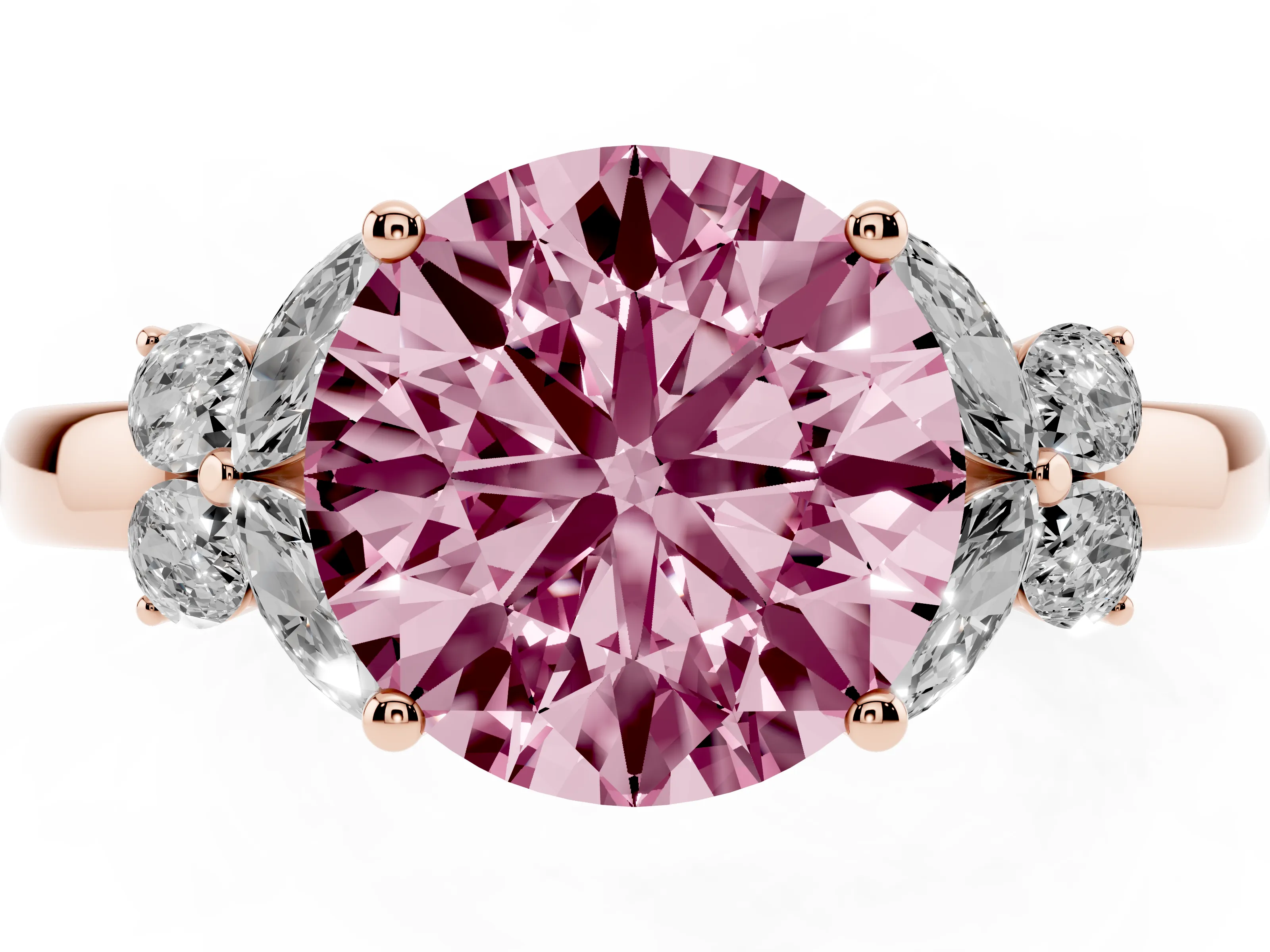 Fancy Pink Round Cut Diamond Solitaire Floral Ring Set in Rose gold with Marquise Petals and Prong Setting
