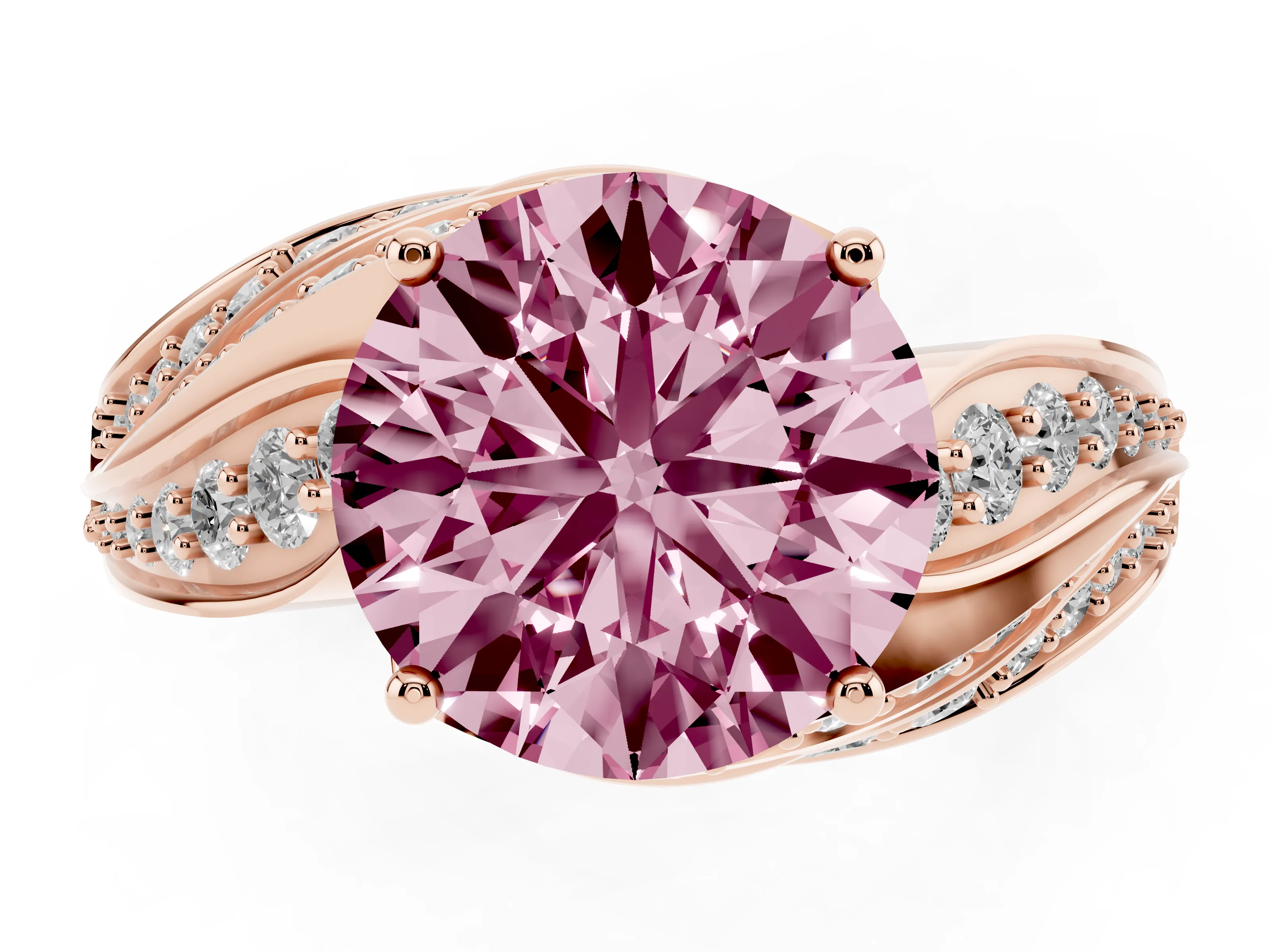 Fancy Pink Round Cut Diamond Solitaire Ring Set in Rose gold with Layered Twist Pavé Band