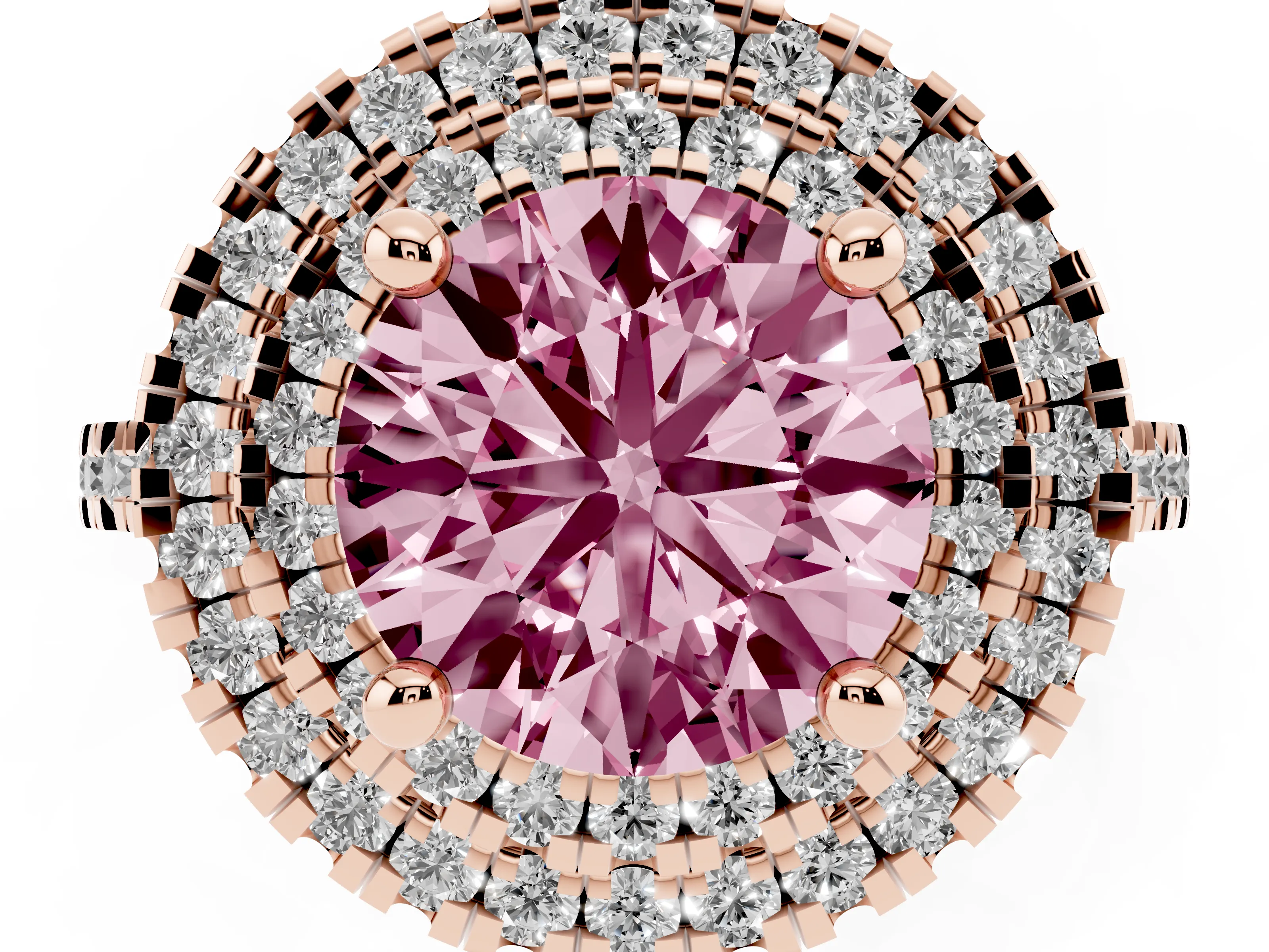 Fancy Pink Round Cut Diamond Double Halo Statement Ring Set in Rose gold with Pavé Band