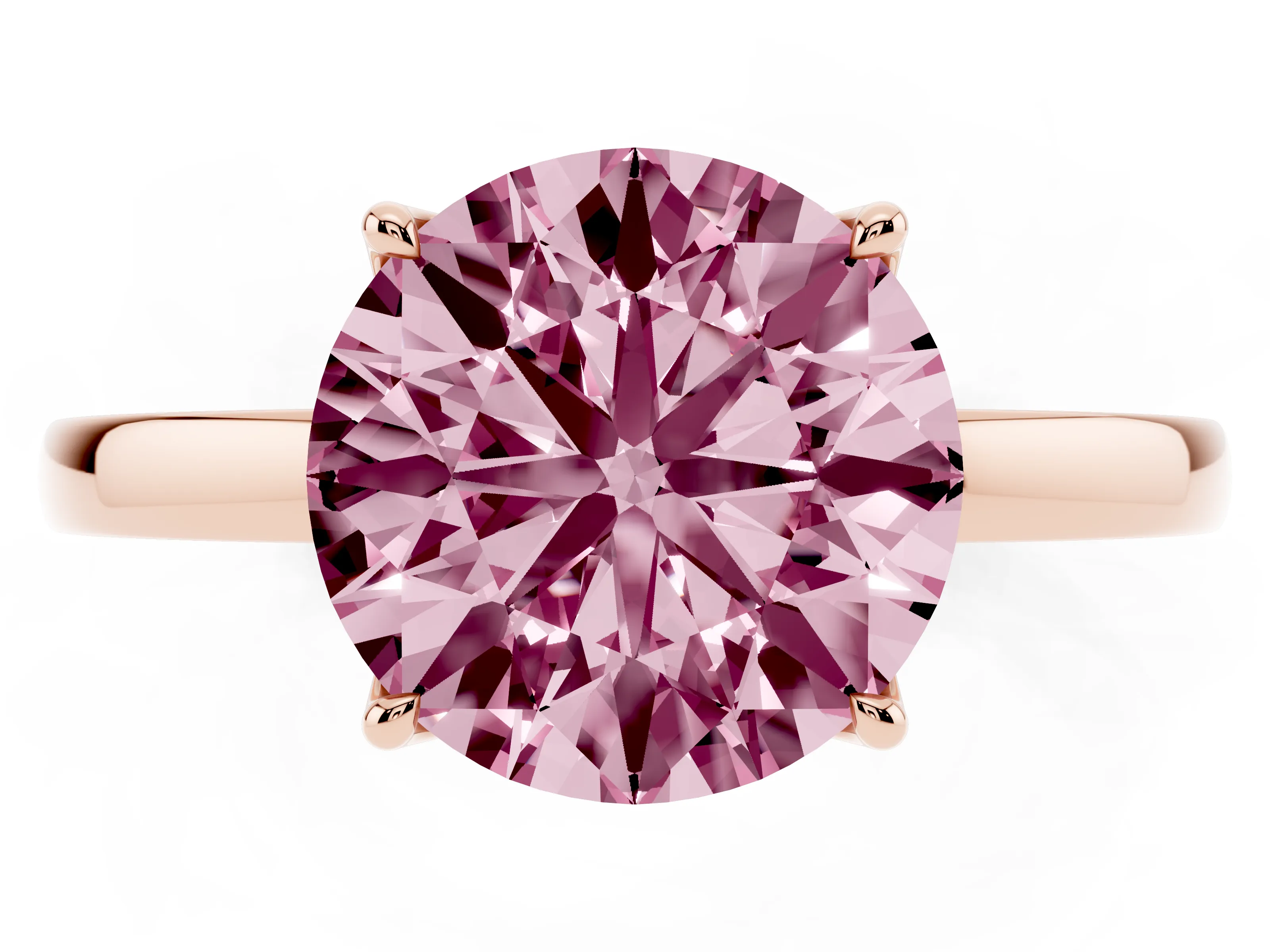 Fancy Pink Round Cut Diamond Solitaire Ring Set in Rose gold with Prong Setting and Thin Polished Band