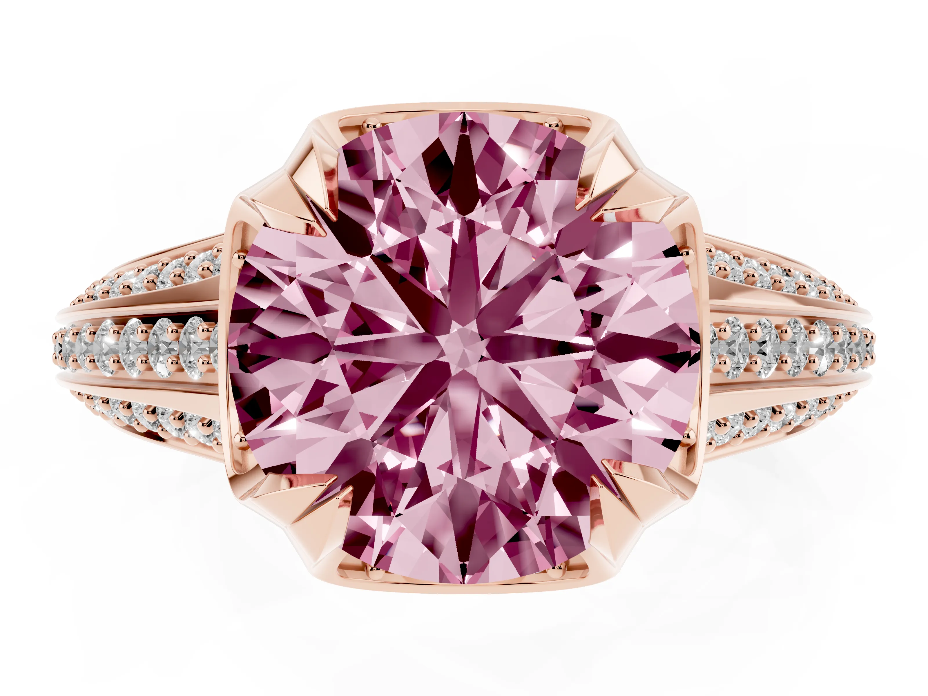 Fancy Pink Round Cut Diamond Pavé Split Shank Solitaire Ring Set in Rose gold with Prong Setting