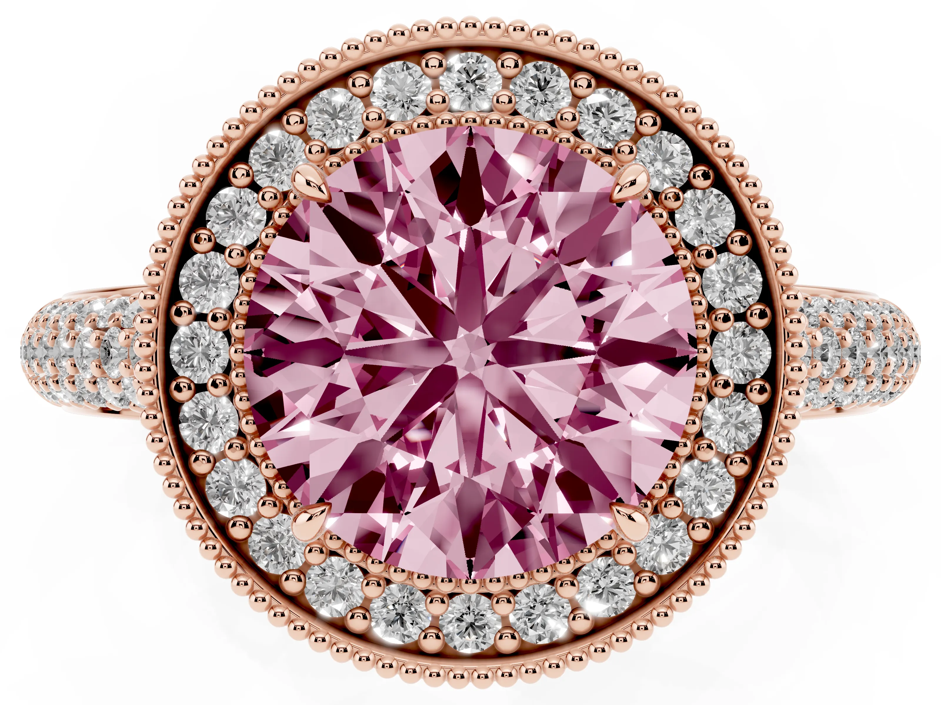 Fancy Pink Round Cut Diamond Halo Pavé Band Set in Rose gold with Prong Setting